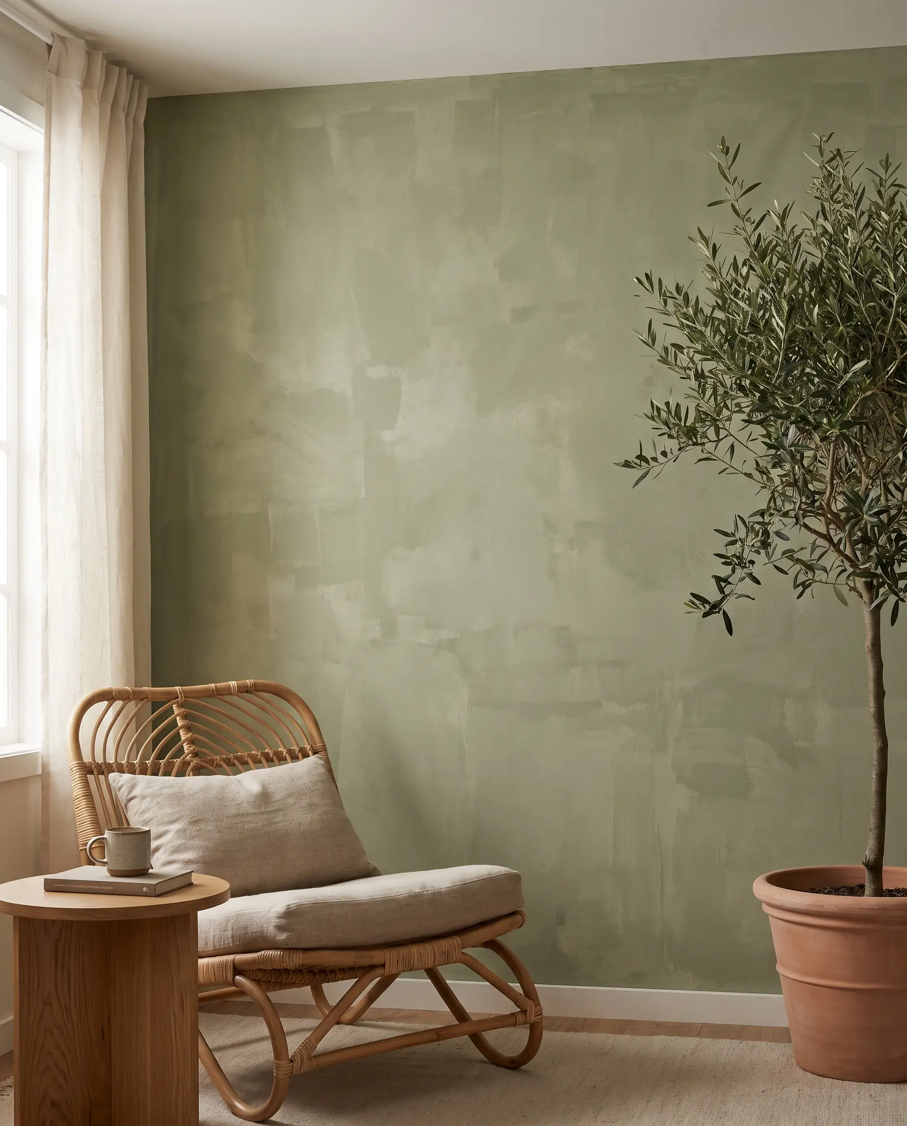 A chalky green limewash wall provides a biophilic backdrop for a natural rattan lounge chair, a solid oak side table, and a potted olive tree.