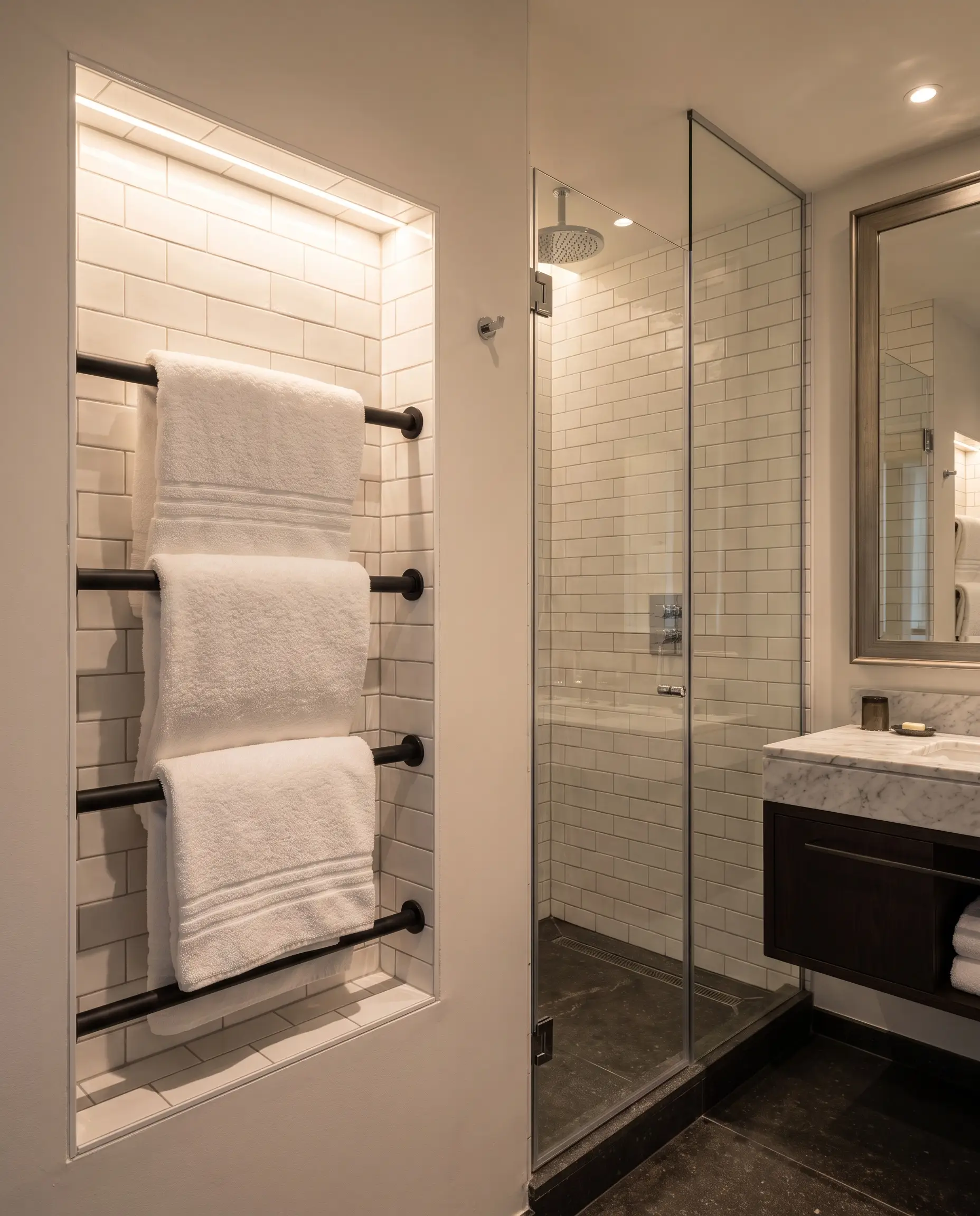 Hardwired matte black heated towel rungs are seamlessly integrated into a recessed architectural alcove lined with crisp white subway tile just outside a doorless shower layout.