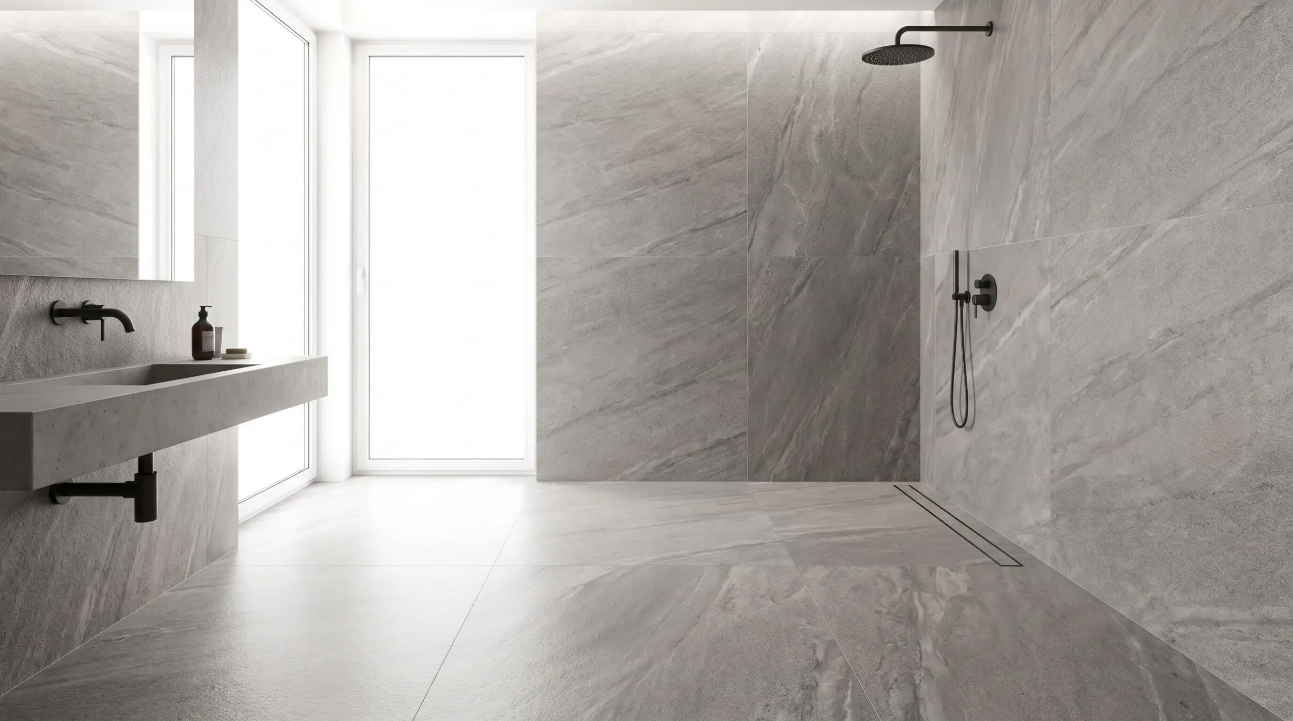 Massive large-format matte porcelain slabs cover the floor and walls of a curbless open shower featuring a linear trench drain and a minimalist floating vanity.