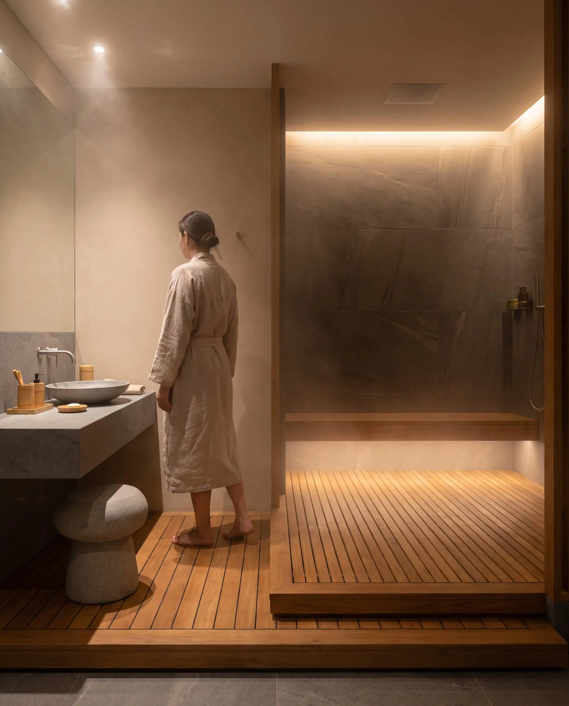 A raised custom-milled marine-grade teak platform floor sits flush with the surrounding bathroom level inside a Japanese onsen-inspired doorless walk-in shower beside a minimalist stone vanity.