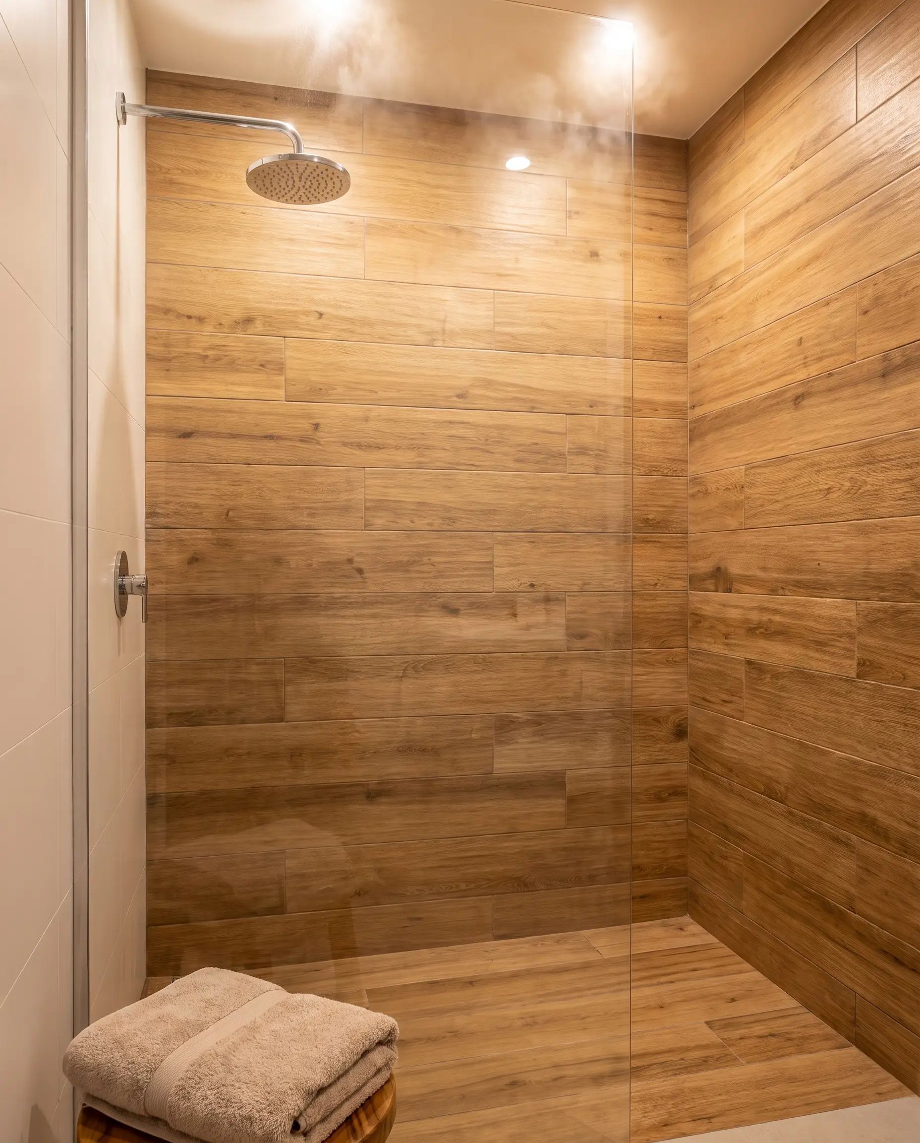 Textured wood-look porcelain planks are laid in a staggered offset pattern across the pitched floor of a Scandinavian sauna-inspired doorless walk-in shower with a sleek chrome showerhead.