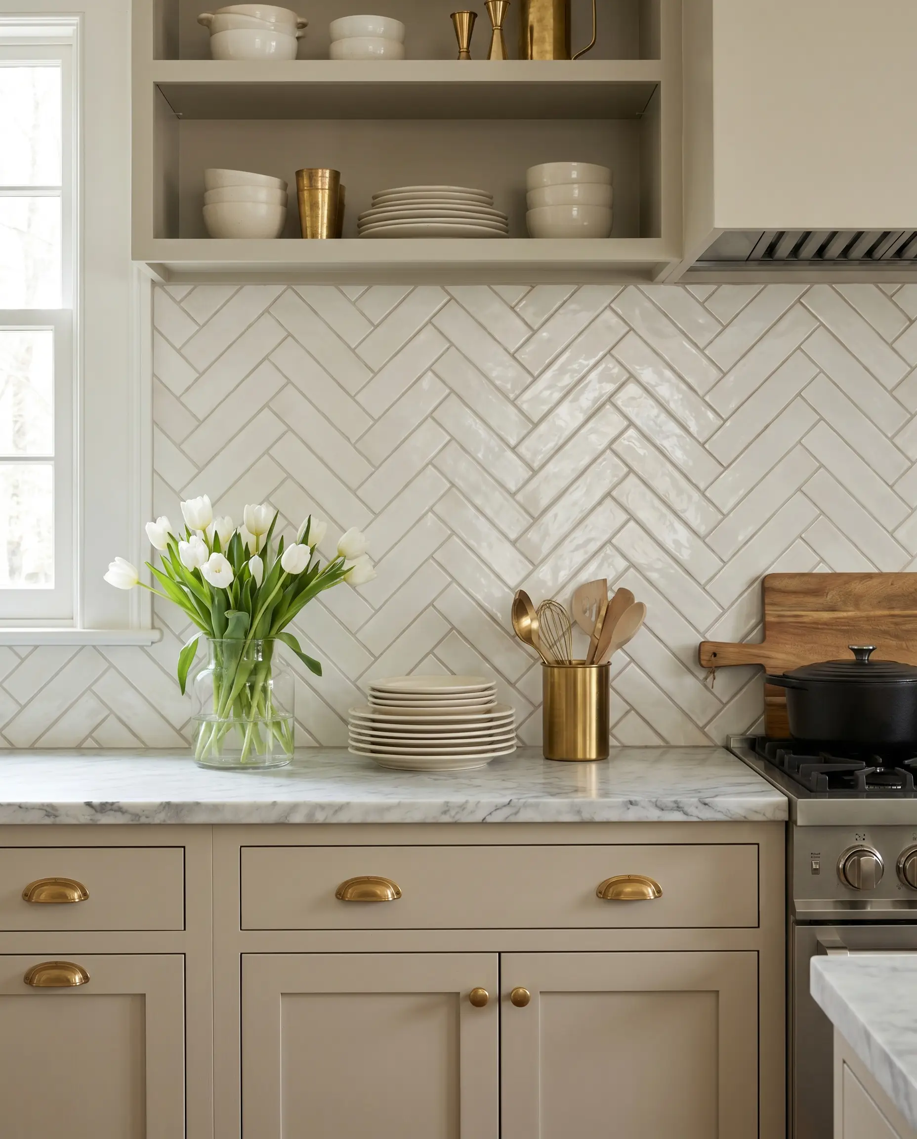 A 3x6-inch glazed subway tile is installed in a chunky double-herringbone pattern above a veined marble countertop and Farrow & Ball Shaded White cabinetry.