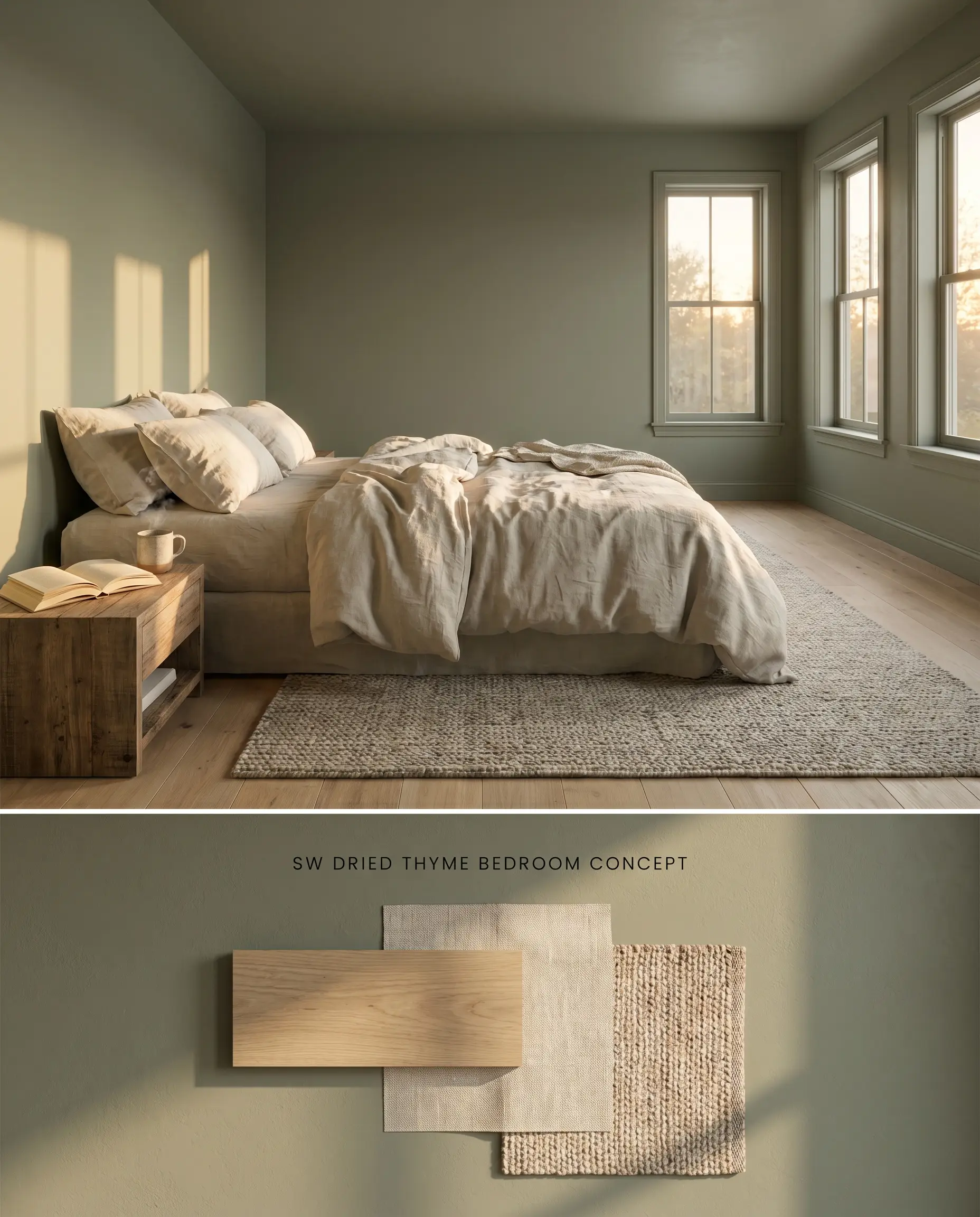 A split digital conceptual board for a moody bedroom displaying color-drenched earthy green walls above a textured flat-lay of white oak and oatmeal linen.