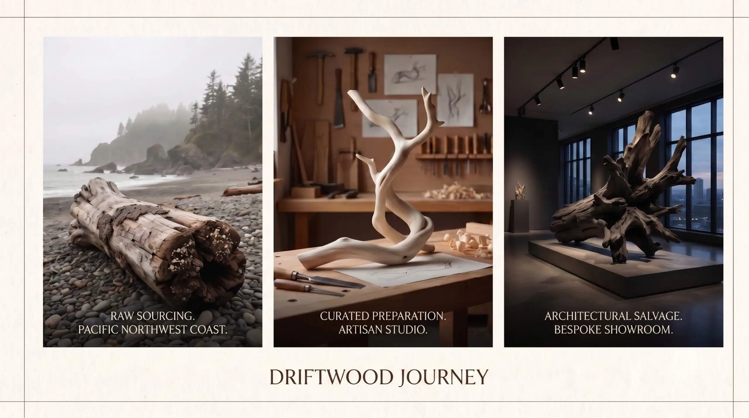 A triptych editorial moodboard illustrates a raw sun-baked log on a beach, ghost-wood on a workbench, and a massive petrified root system in a showroom.
