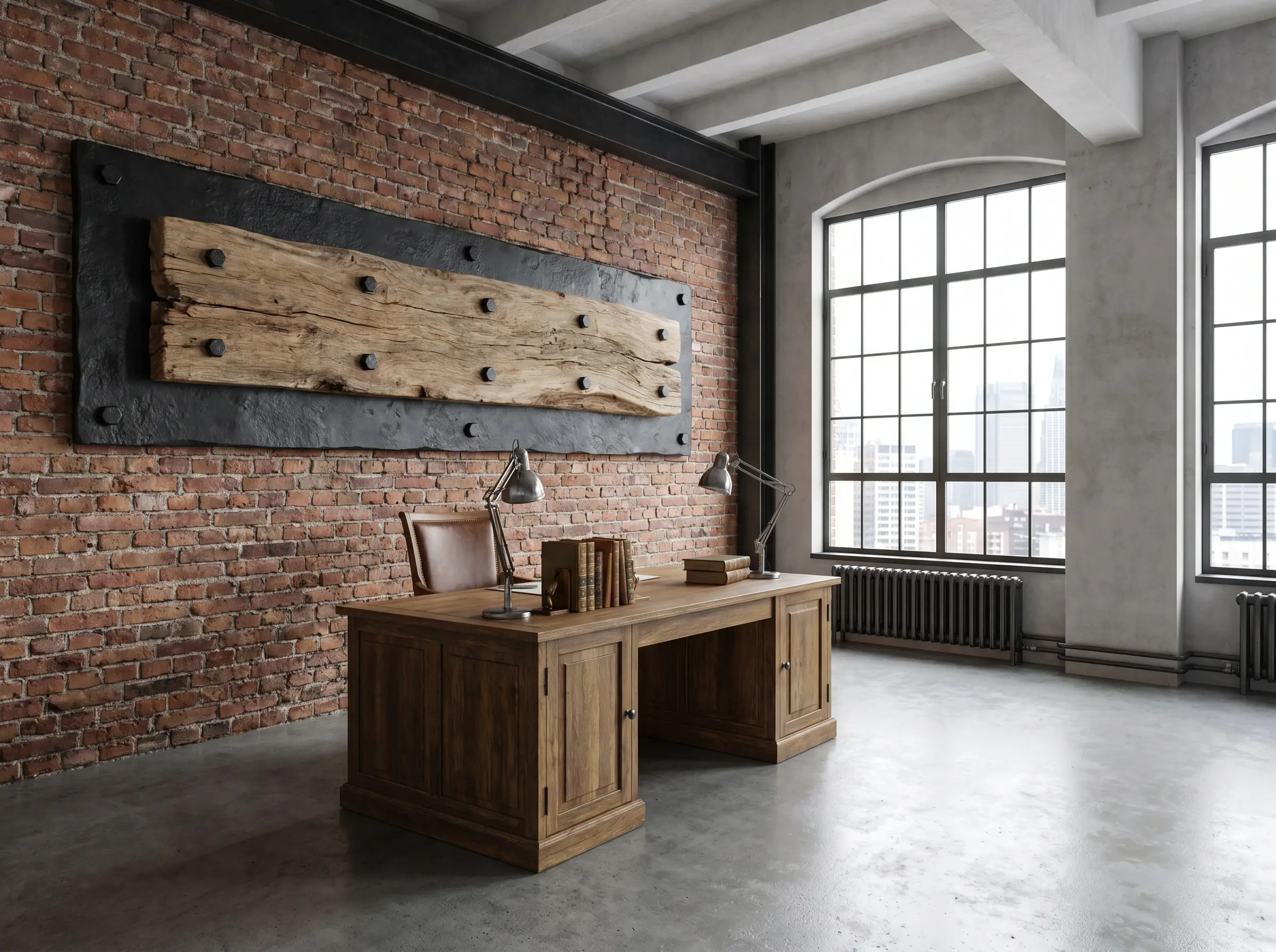 Heavily textured driftwood secured to custom hand-forged black iron backplates with blackened hex-head lags contrasts against an authentic exposed brick office wall.