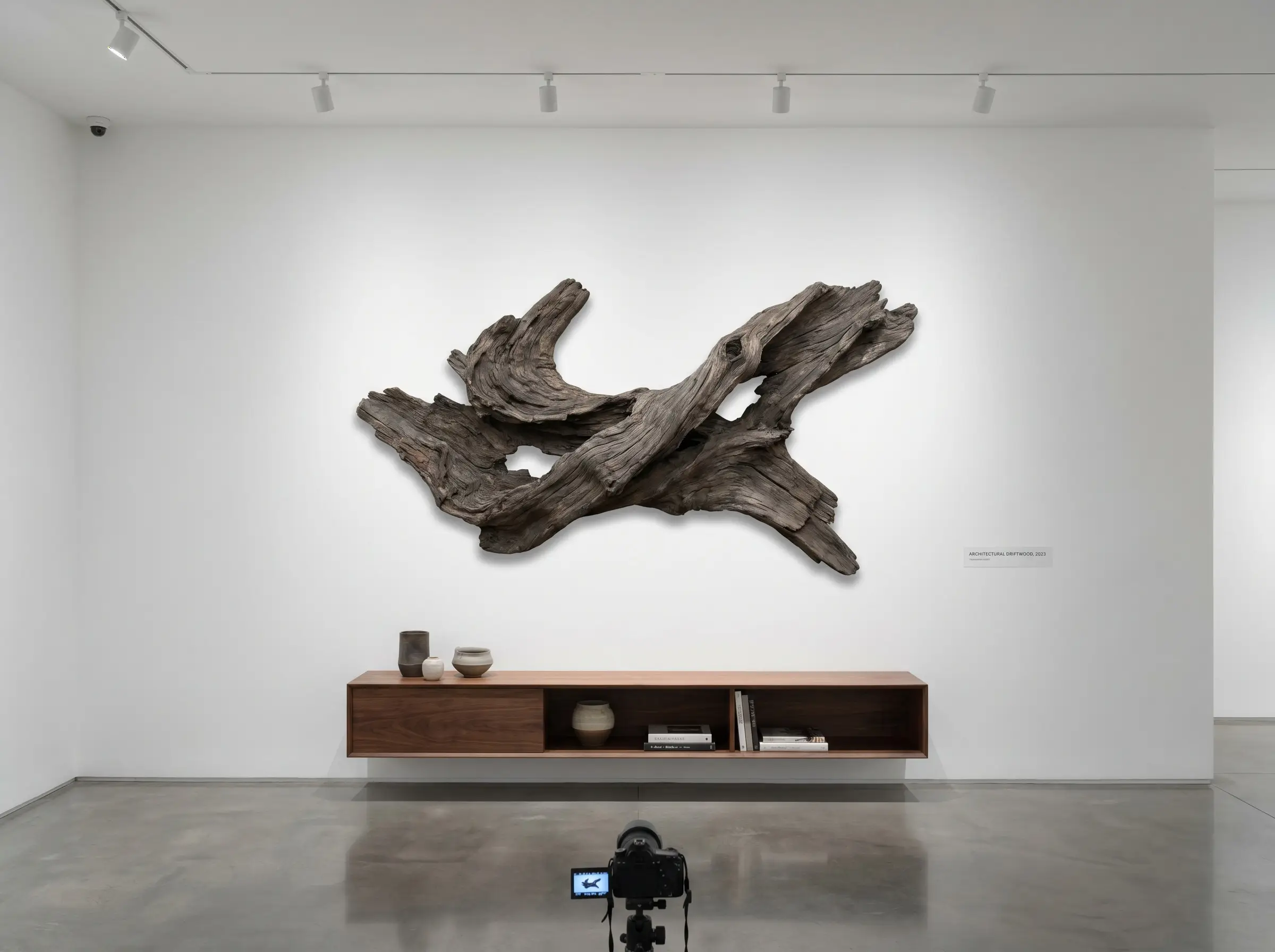 A heavy architectural piece of driftwood hangs perfectly flush on a pristine gallery wall above a sleek minimalist modern console table.