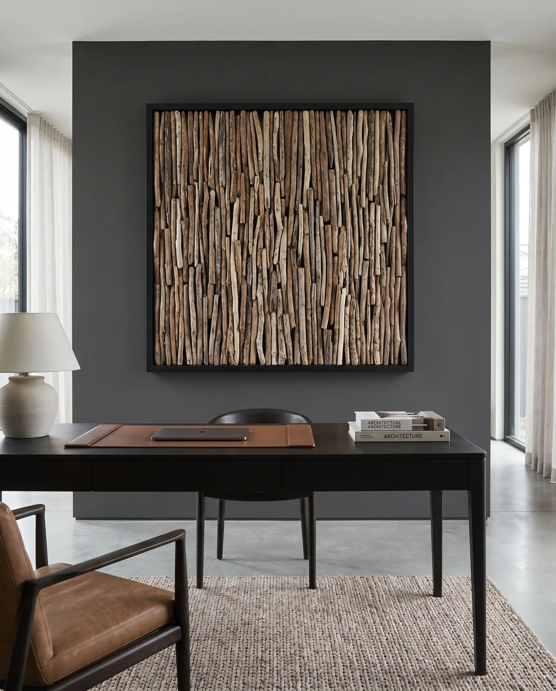 A rigid square matte black frame holds a densely packed driftwood wall art mosaic against a Farrow & Ball Off-Black home office wall.