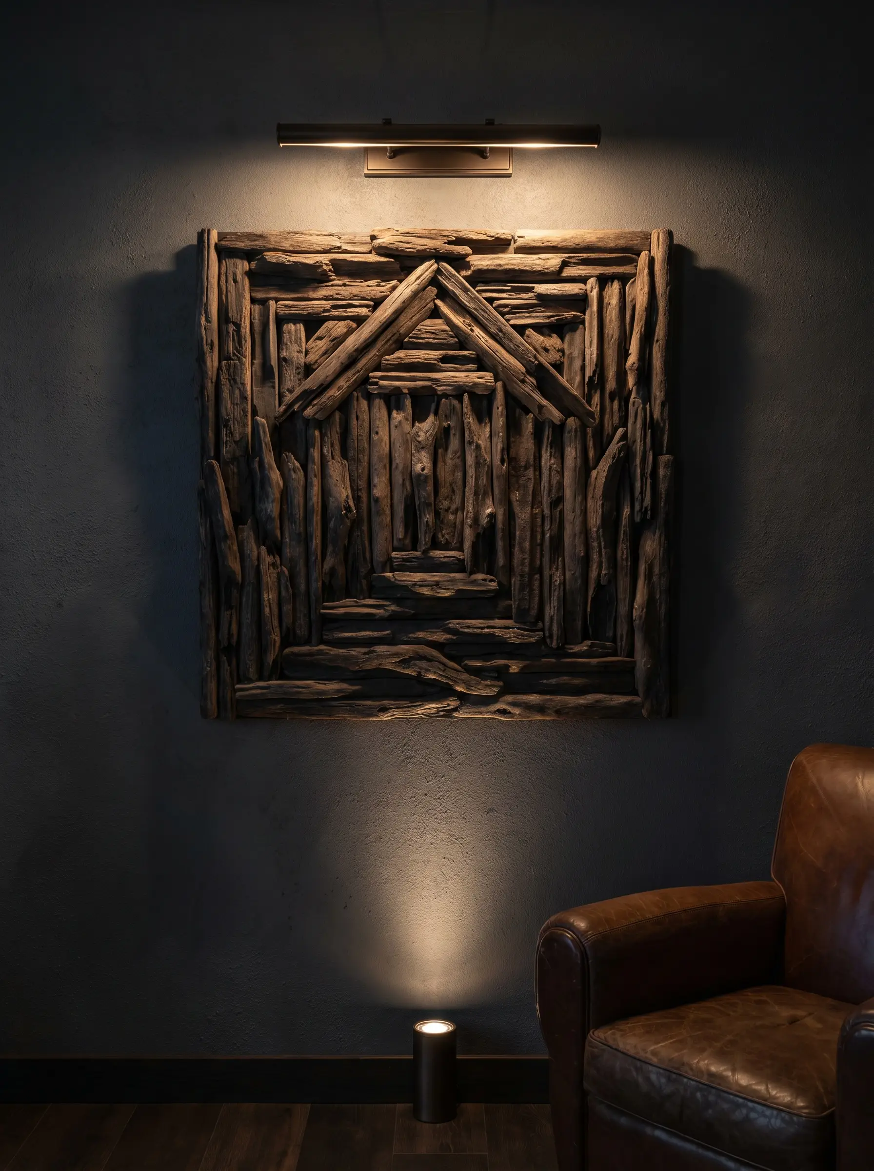 A rugged driftwood wall art sculpture is illuminated by a dark bronze picture light and floor-based uplight beside a leather armchair.