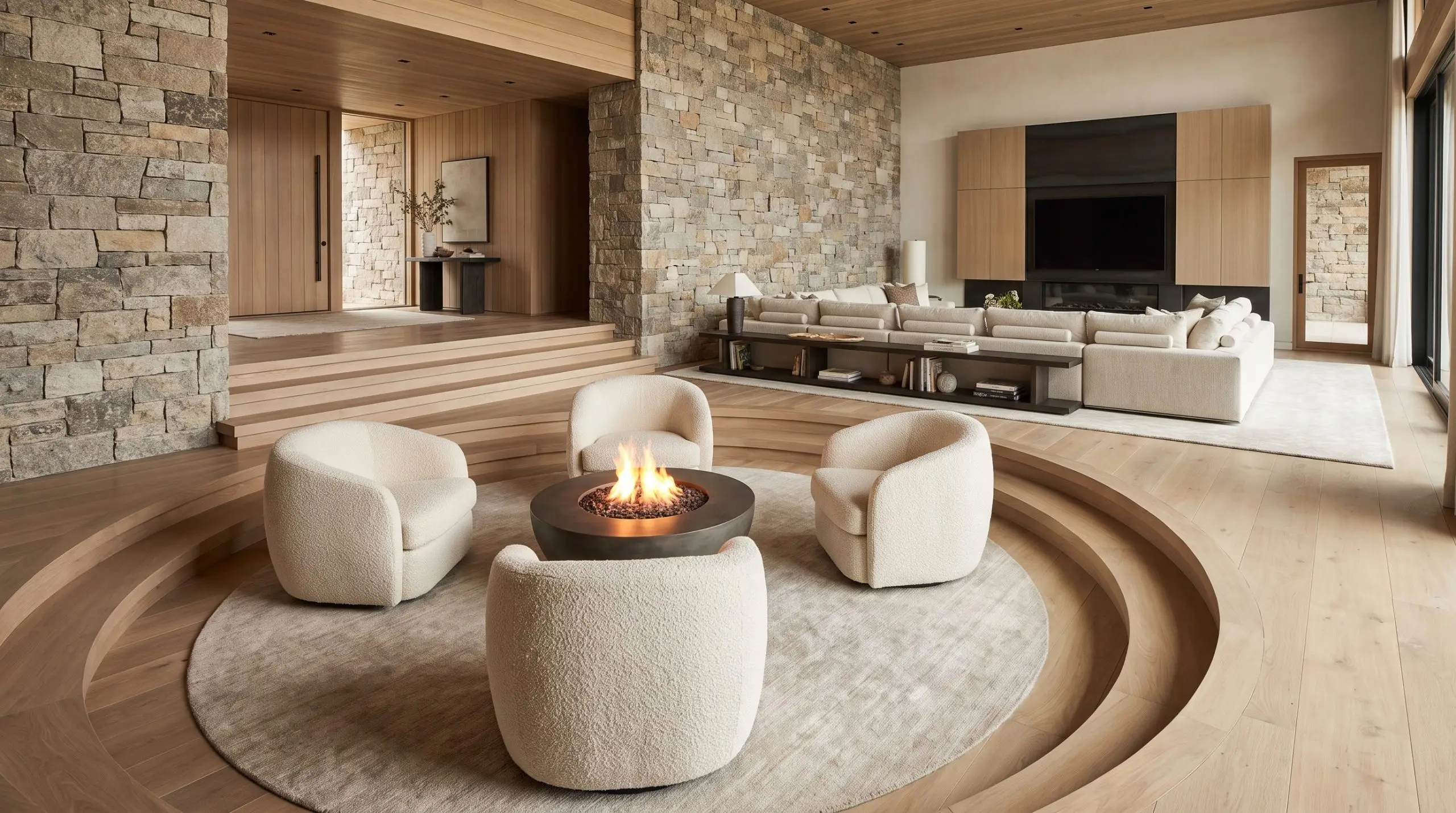 Four armchairs cluster around a glowing hearth, separated from a U-shaped deep-lounging area facing a modern media wall by two large-scale area rugs.