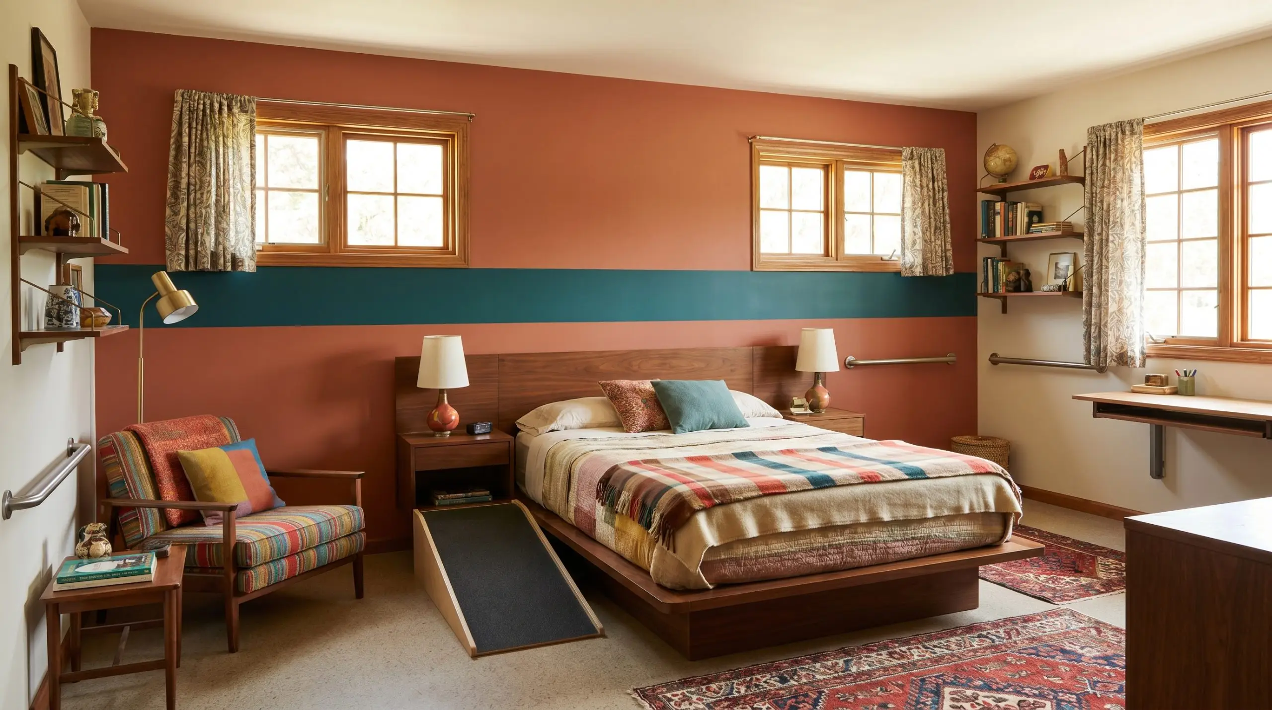 A horizontal deep teal painted band runs across burnt sienna walls, intersecting a mid-century modern wooden headboard and standard window frames.