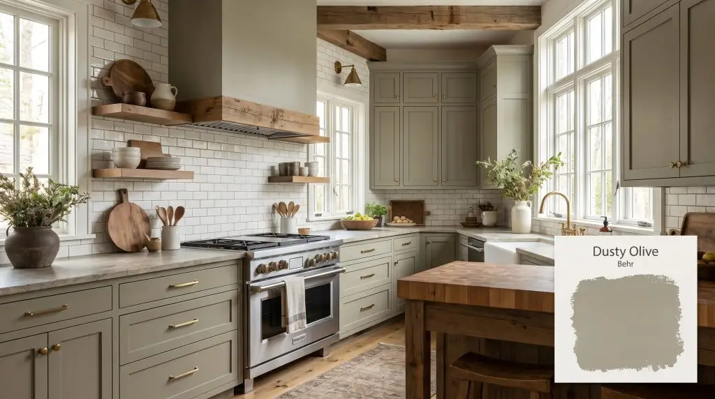 Earthy shaker cabinets painted in Behr Dusty Olive (Hex #9d9885) feature brass hardware against a classic white subway tile backsplash.