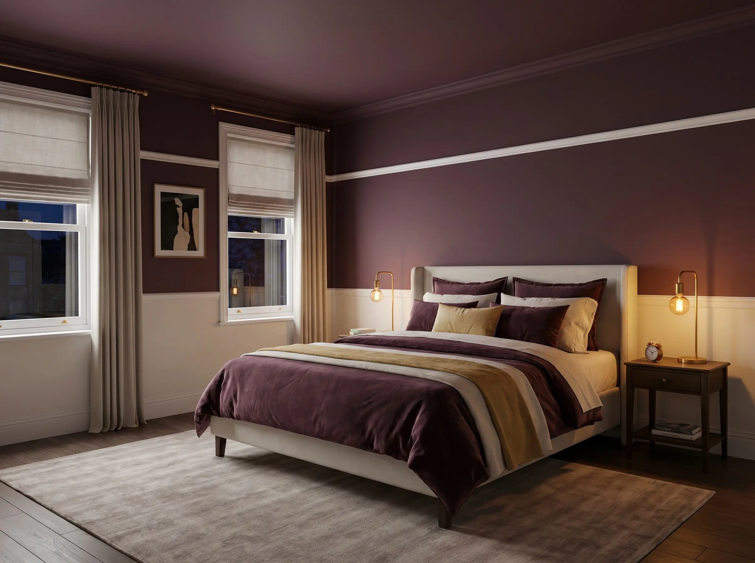 A crisp dado line separates chalk white lower walls from a dusty plum painted upper wall and ceiling above an upholstered bed.