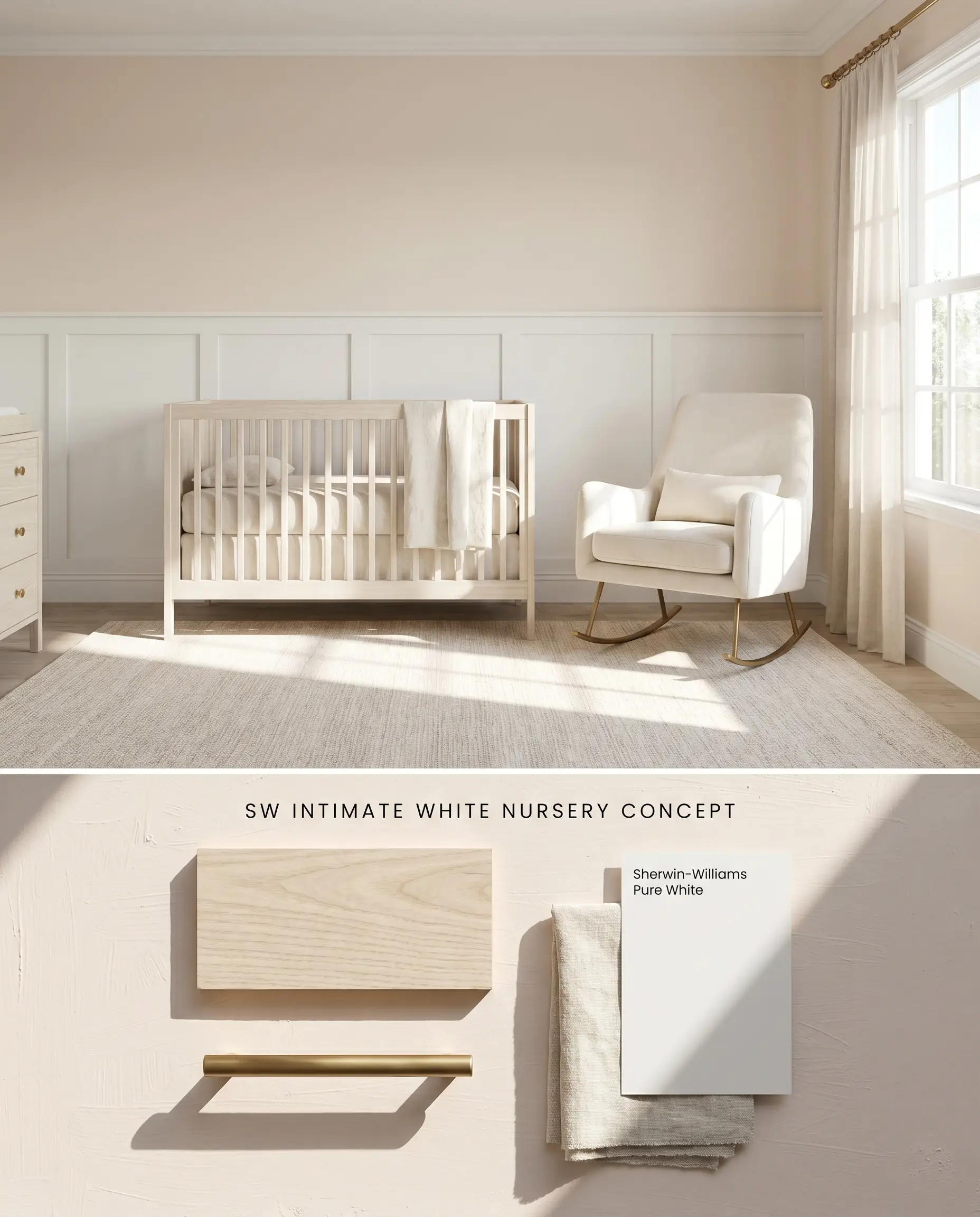 A split digital conceptual board for a nursery displaying a warm blush upper room with an ash wood crib above a textured flat-lay of brass and linen materials.