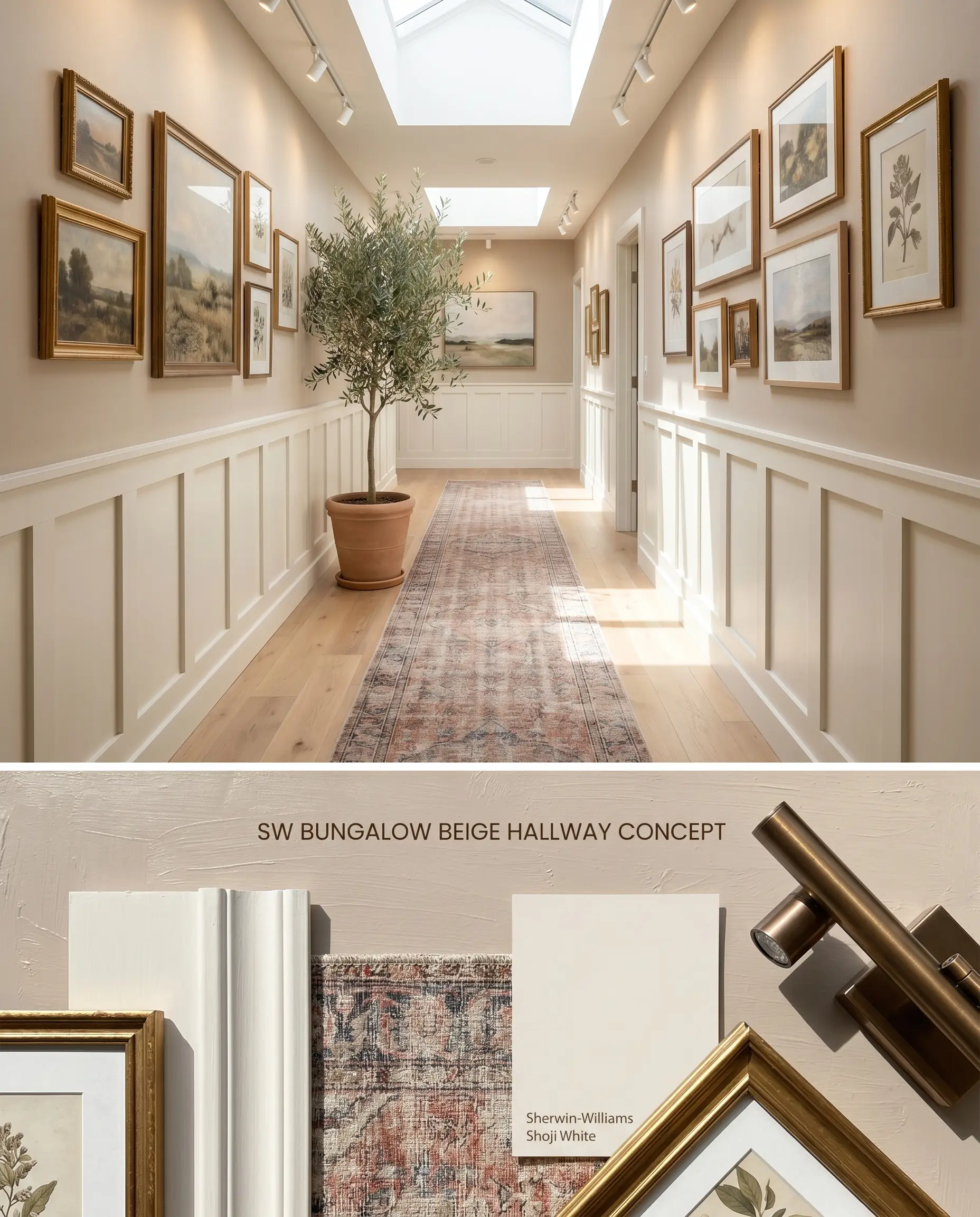 A split digital conceptual board displaying a sun-drenched hallway with a mid-tone warm neutral upper wall, and a textured bottom section containing wainscoting wood and a vintage runner swatch.