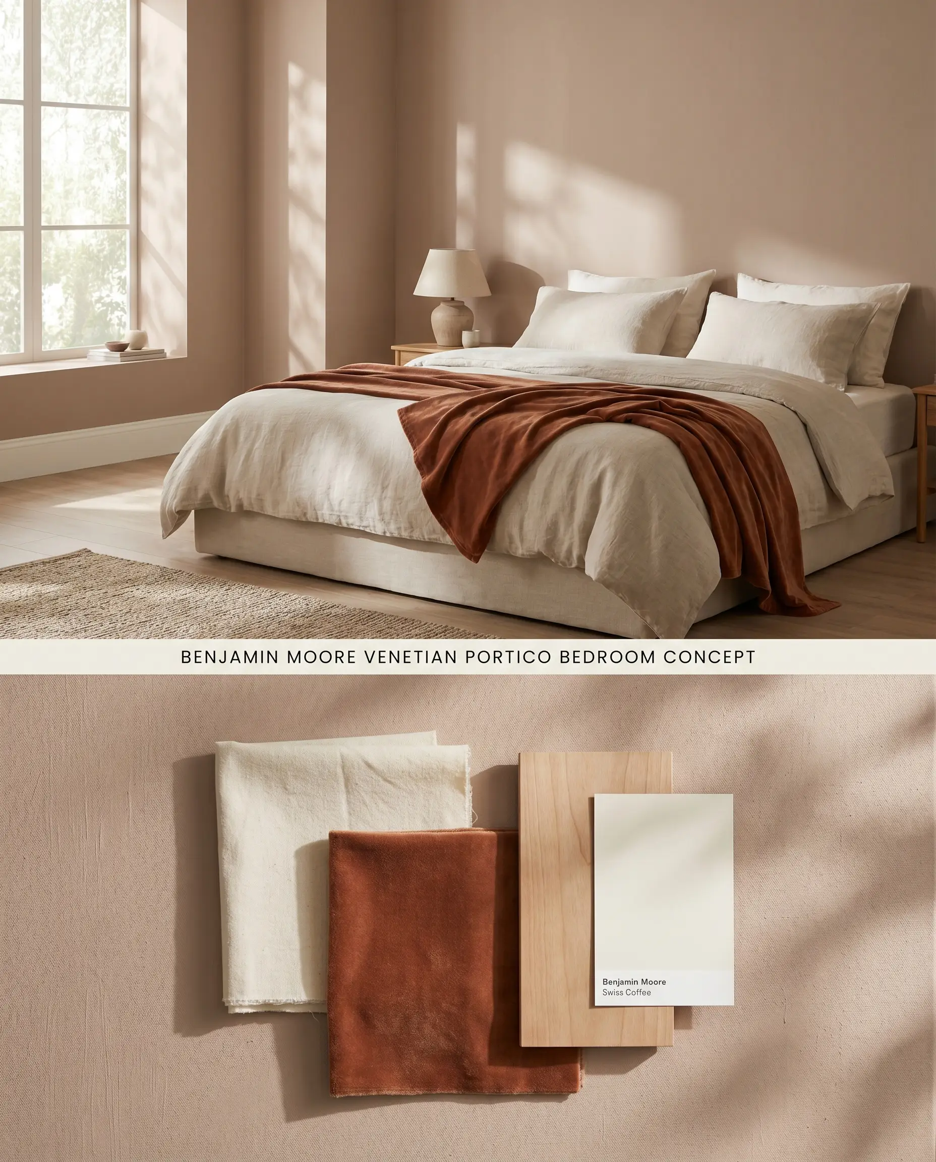 A split digital conceptual board for an earthy bedroom displaying warm architectural finished walls over a textured flat-lay of unbleached cotton, rust velvet, and light wood.