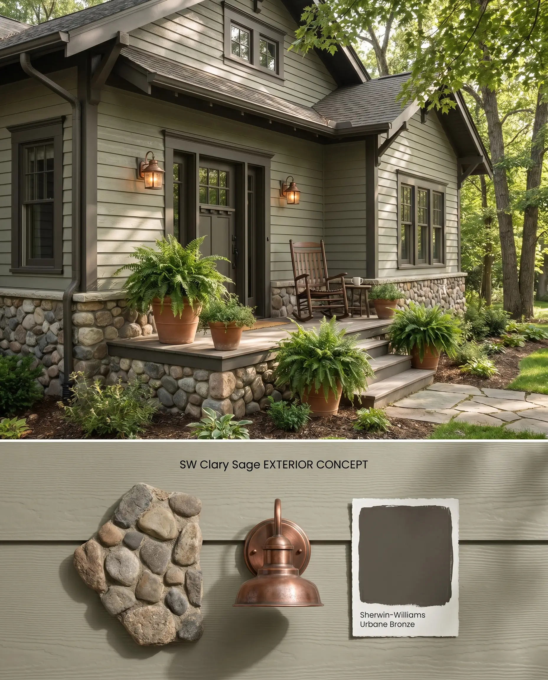 A split digital conceptual board displaying a Craftsman exterior painted in SW 6178 above, and a textured flat-lay with river rock below.