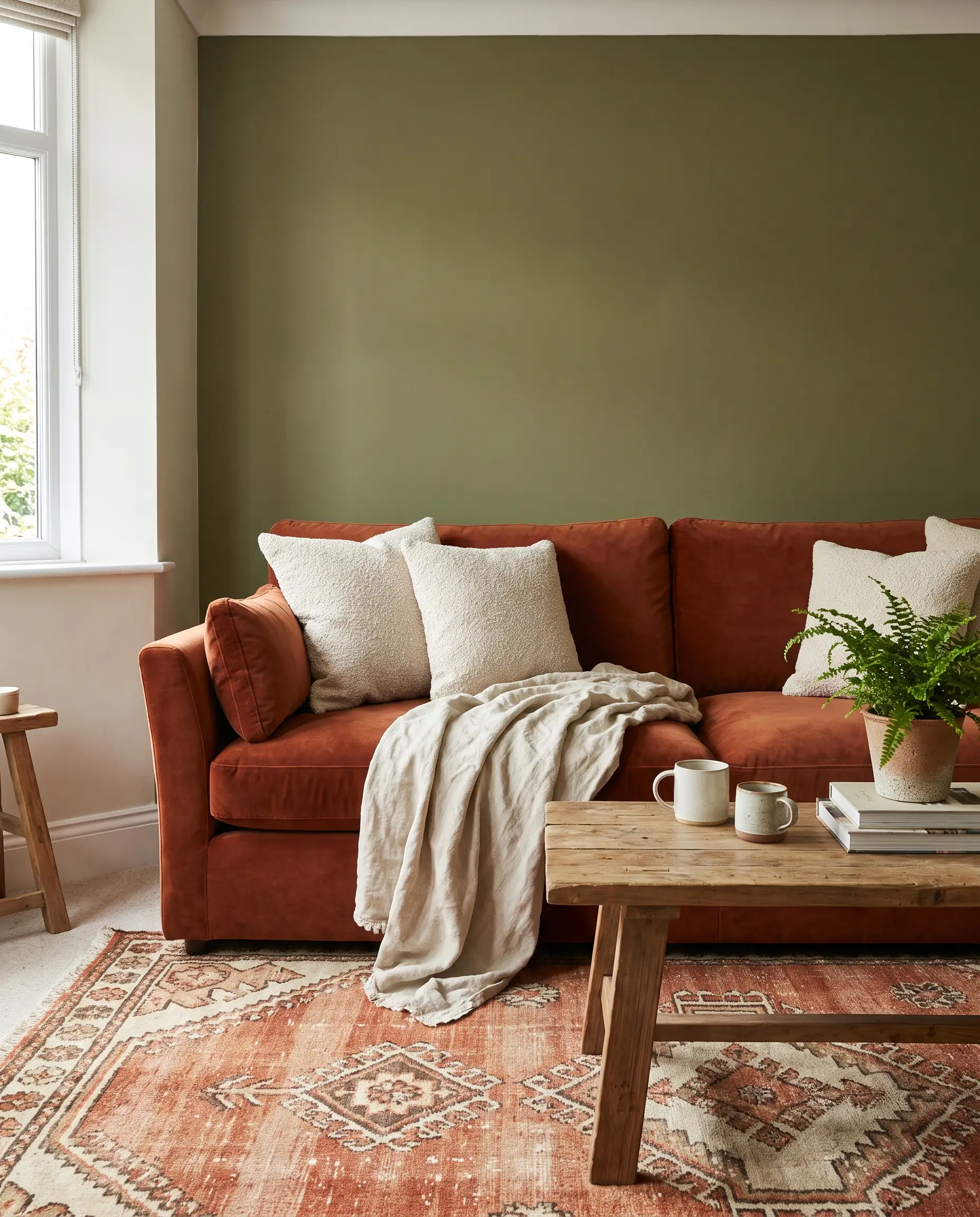 A plush rust velvet sofa layered with nubby boucle throw pillows and a natural linen blanket sits against a smooth earthy green wall.