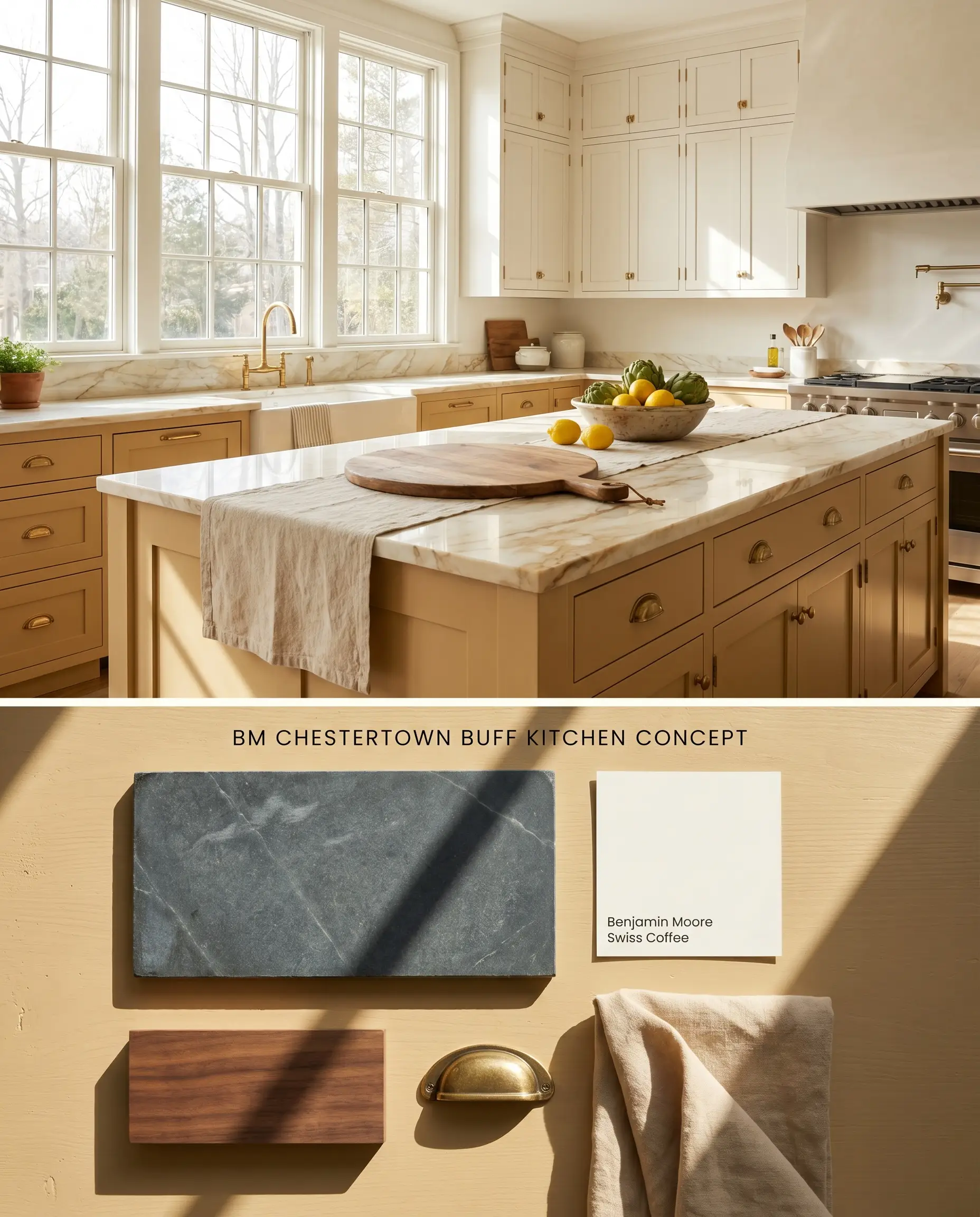 A split digital conceptual board for a kitchen featuring mustard yellow lower cabinetry, with a textured bottom section displaying a walnut wood block, soapstone, and unlacquered brass hardware.
