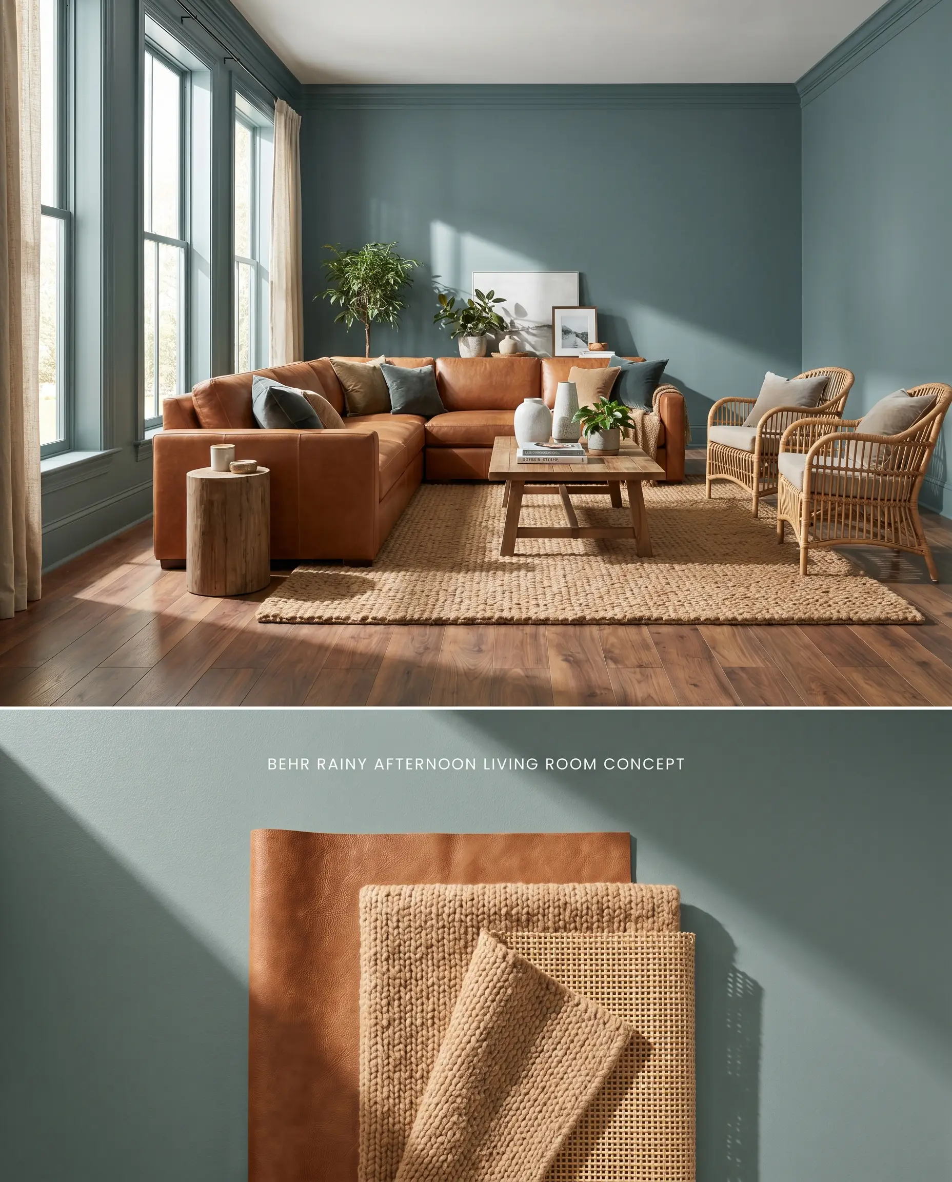 A split digital conceptual board presenting a living room color-drenched in Behr Rainy Afternoon on top, matched with chunky camel wool and rattan below.