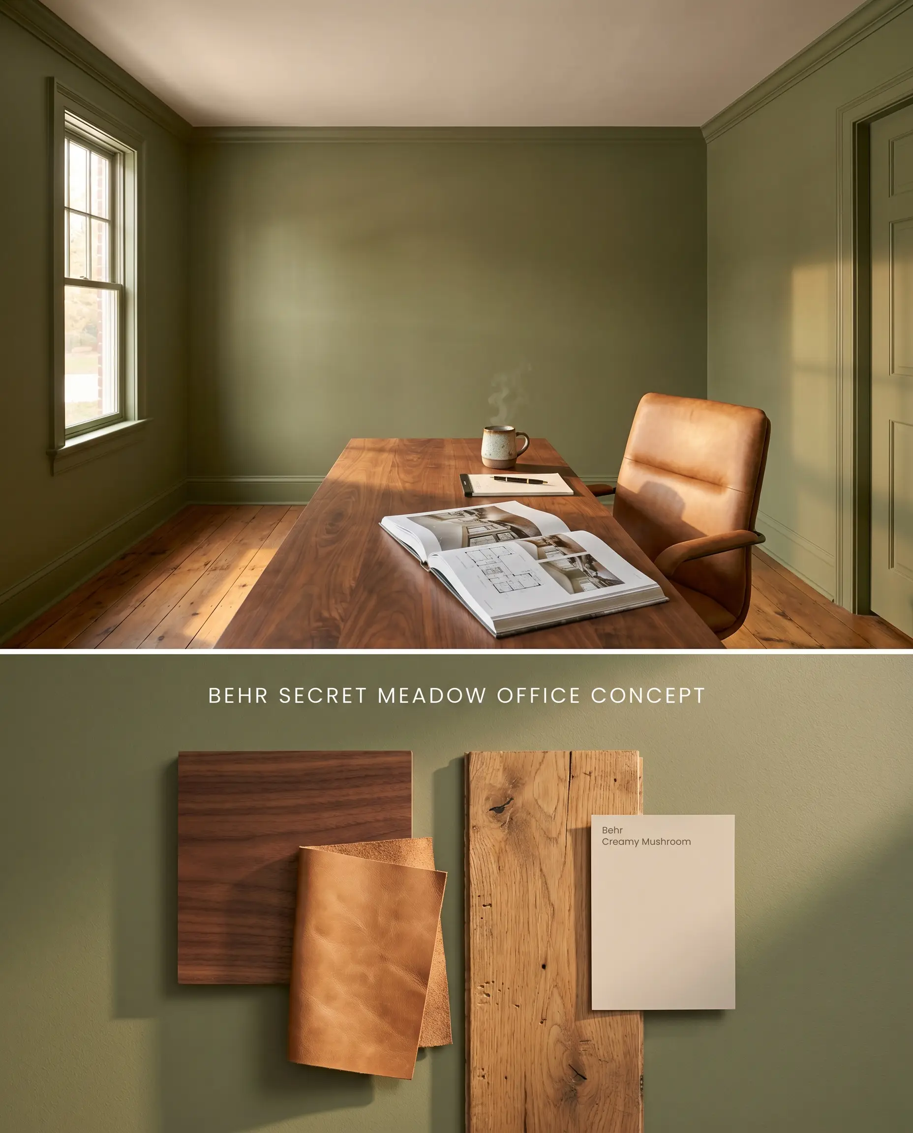 A split digital conceptual board showcasing Behr Secret Meadow on home office walls above a textured flat-lay of walnut wood, natural leather, and oak.