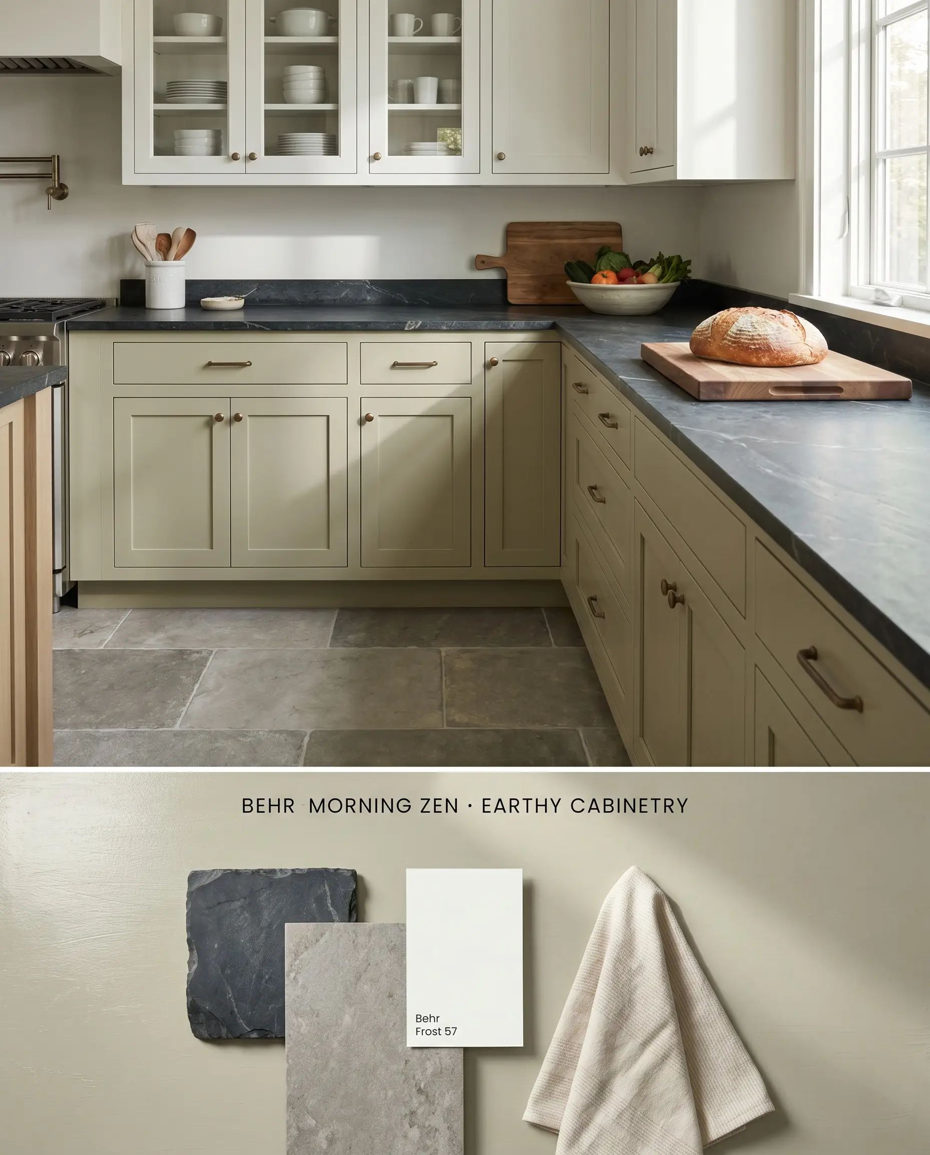 A split digital conceptual board presenting a kitchen with warm green lower cabinetry on top, and a flat-lay featuring soapstone and cool-toned flooring below.
