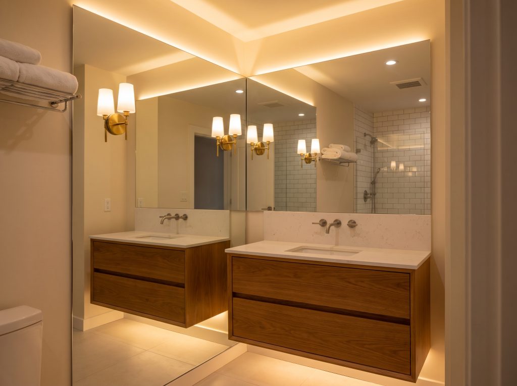 An edge-to-edge custom mirror wall stretches above a white quartz backsplash and double-drawer floating vanity, punctuated by two elegant brass sconces.
