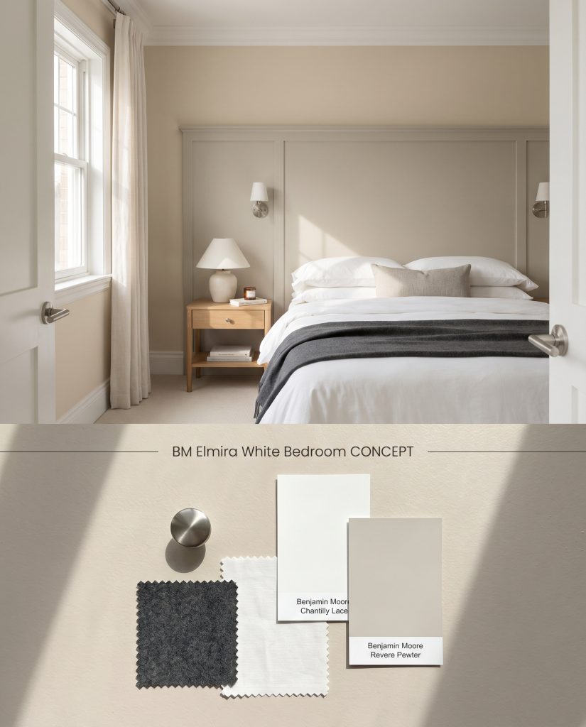 A digital visualization board featuring a soft beige bedroom illuminated by a morning glow over a flat-lay of charcoal wool and nickel.