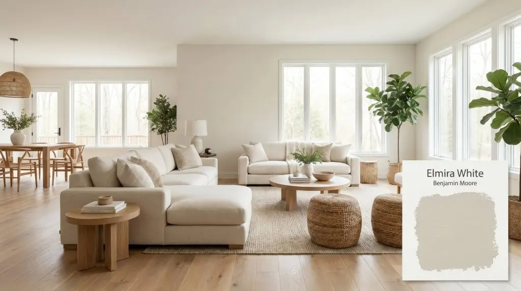 Creamy linen upholstery and light oak floors anchor an open-concept living area bathed in ambient daylight with Elmira White (Hex #DBD3C3) walls.