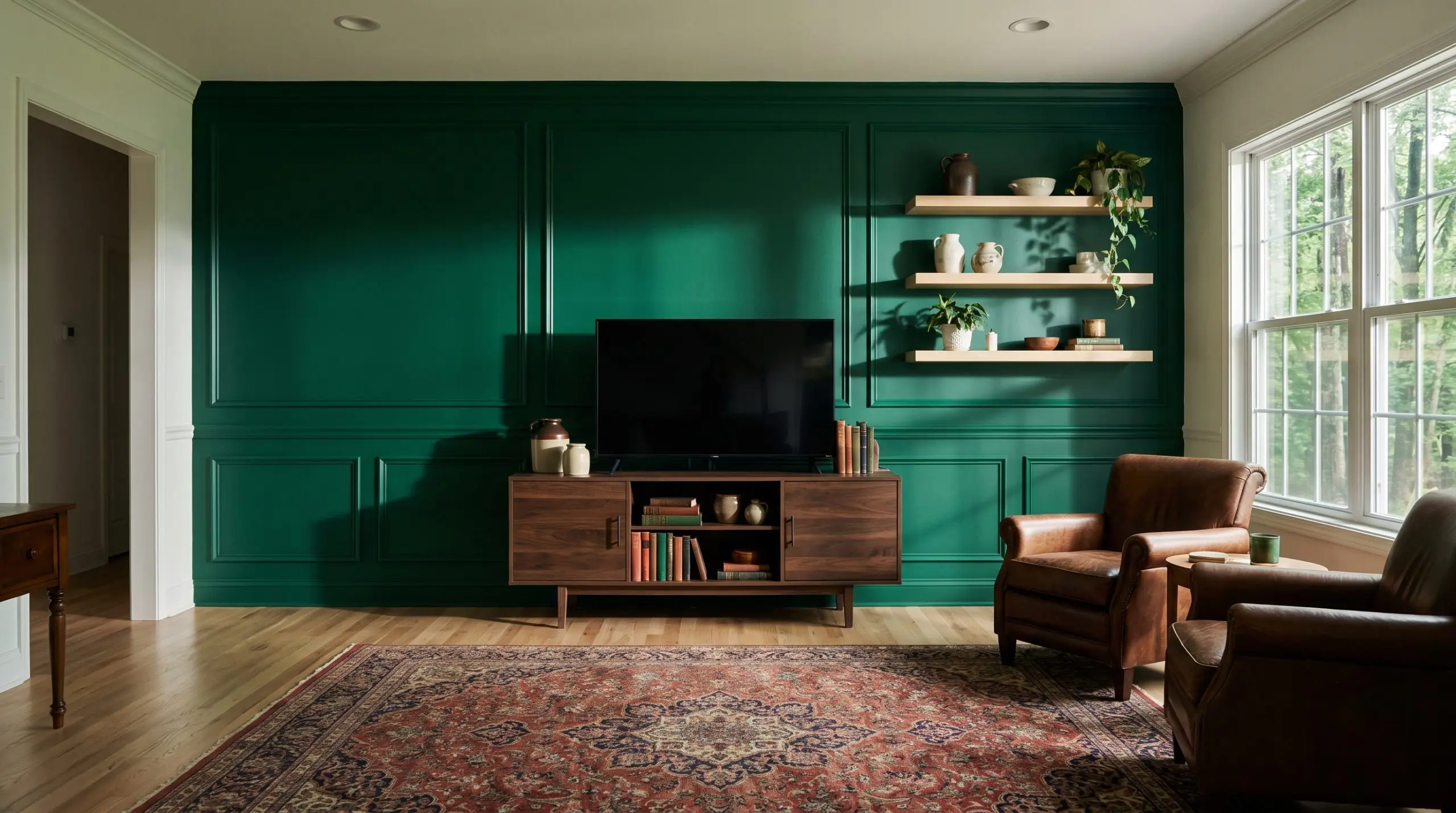 A deep emerald green accent wall provides a moody backdrop for a dark walnut media console and pale rift-sawn white oak floating shelves.