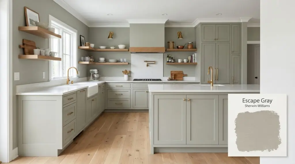 A contemporary kitchen showcasing shaker cabinets, white quartz countertops, and open wood shelving surrounded by Escape Gray (Hex #ABAC9F) paint.
