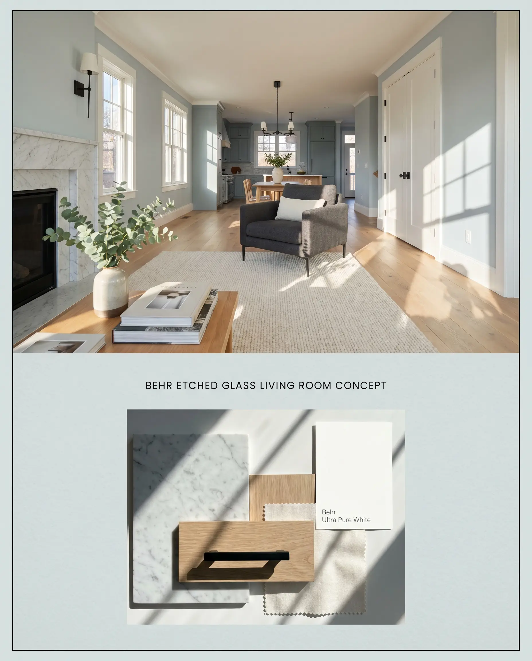 A split digital conceptual board featuring a bright open-concept living area in a frosty blue-gray hue on top, and tactile marble and oak materials below.