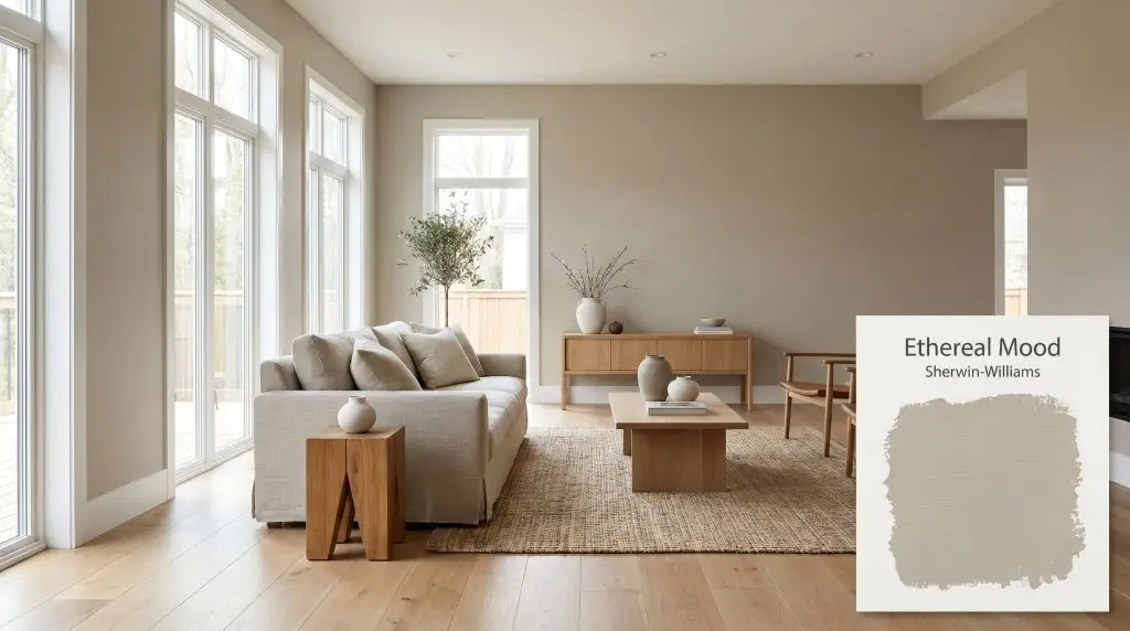 A minimalist living room featuring natural oak floors and a linen sofa against Sherwin-Williams Ethereal Mood (Hex #AEA594) walls with matte white trim.