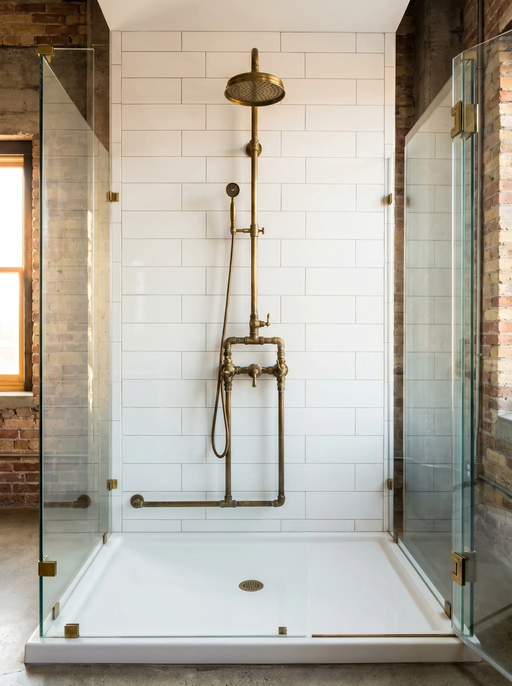 An exposed wall-mounted brass shower column and intricate diverters are centered perfectly on a gloss white ceramic subway tile wall.