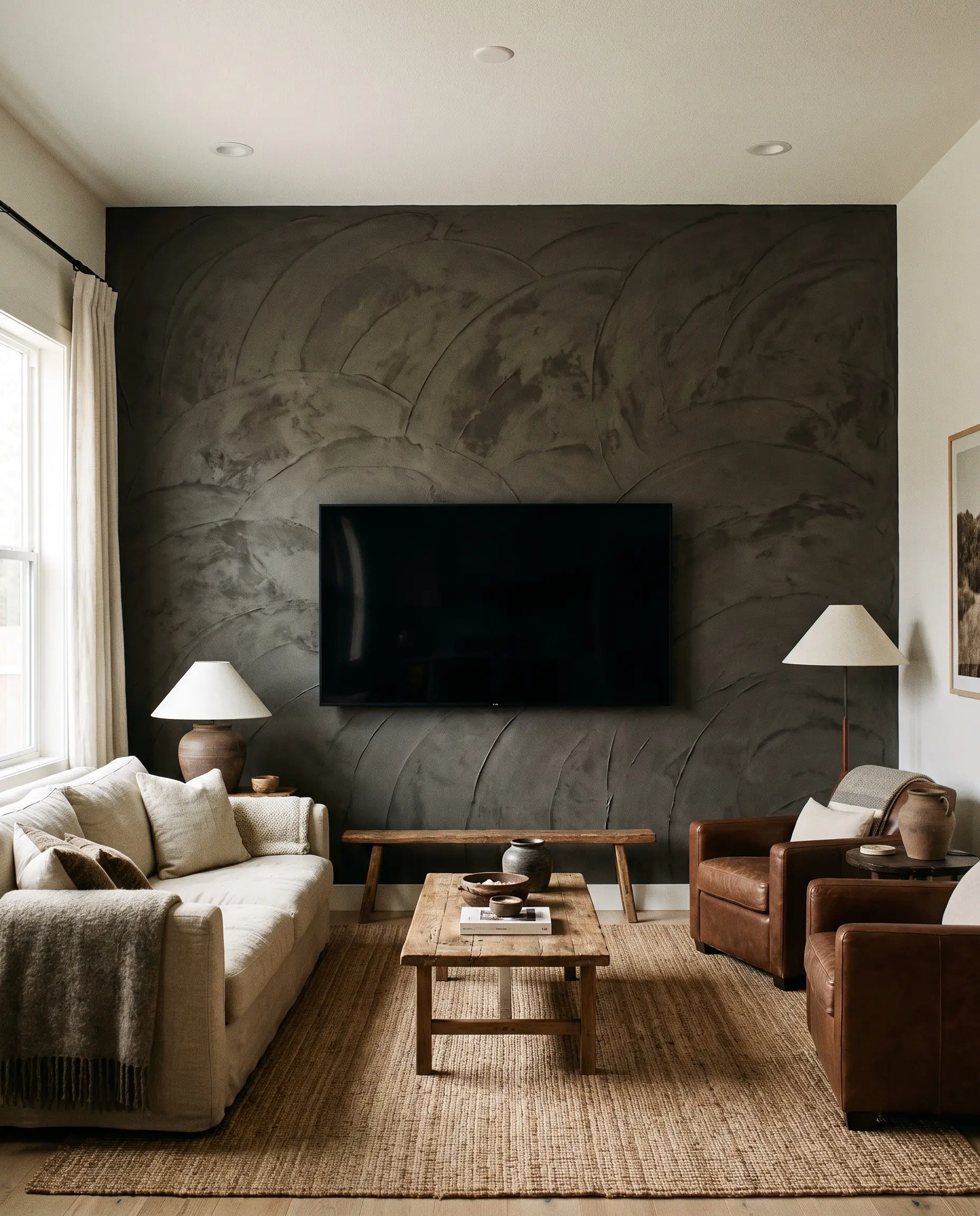 A deeply textured Portola Paints Fade to Black Roman clay finish sweeps across a media wall, camouflaging a television footprint behind warm mid-scale furnishings.