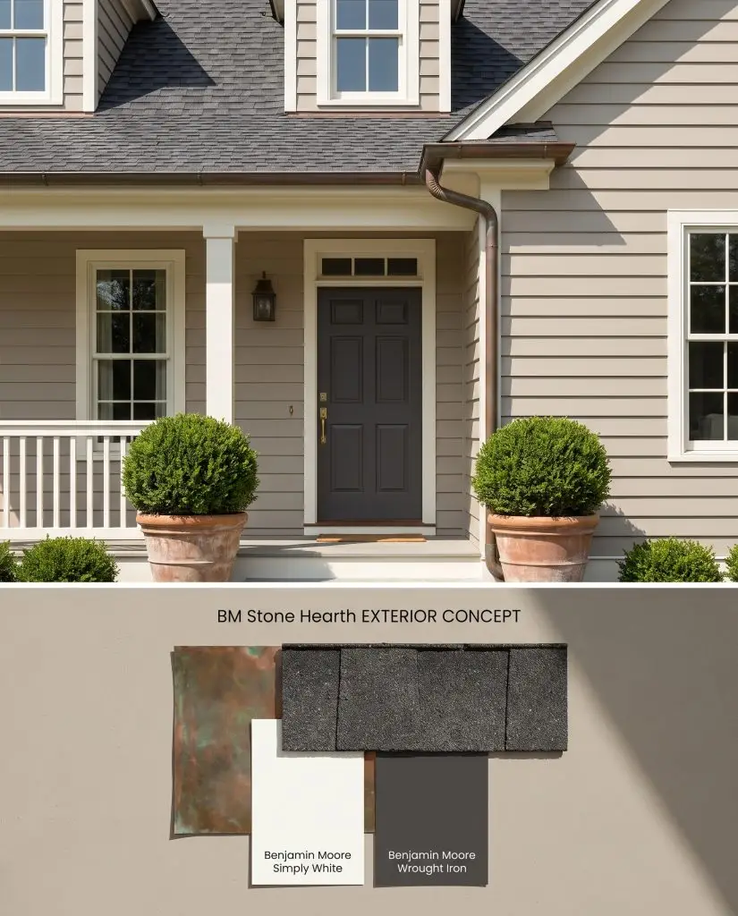 A dual-section conceptual board illustrating a classic American farmhouse exterior in warm greige above a roofing and copper flat-lay.
