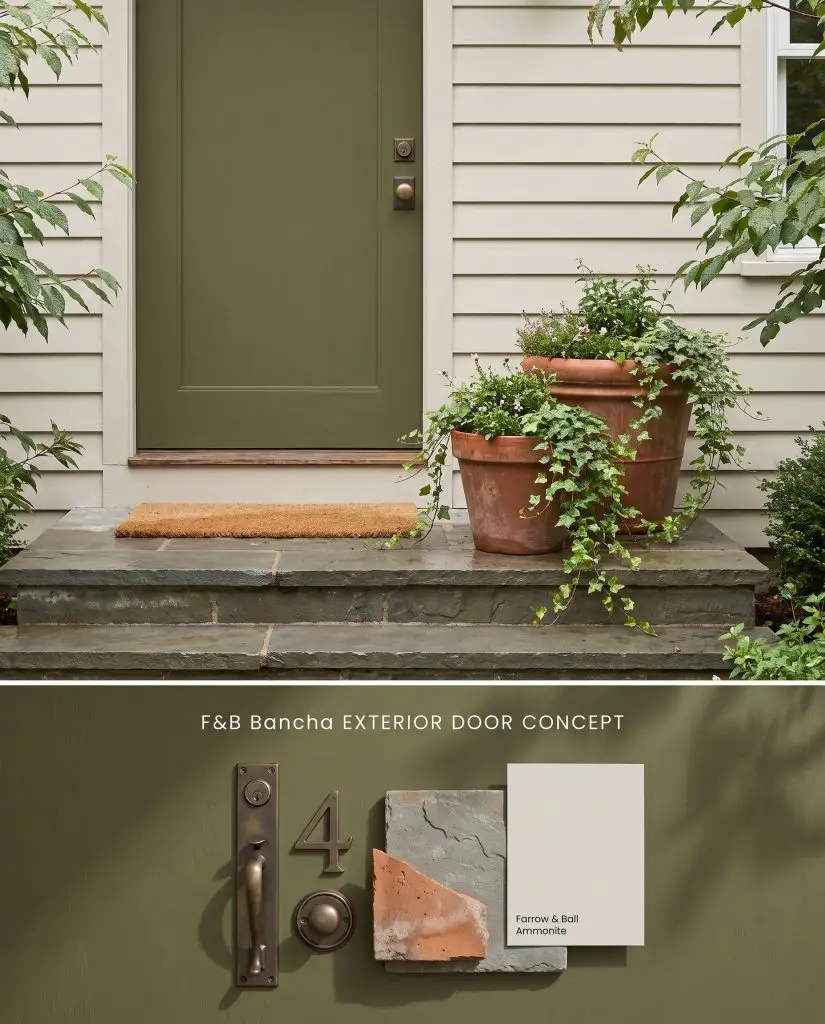 A digital conceptual split board showing a dark green front door against light siding on top, with bluestone and aged bronze samples below.