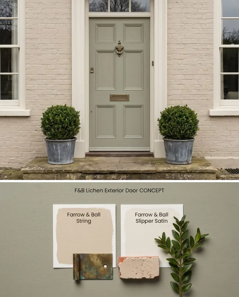 A split digital conceptual board displaying a Farrow & Ball Lichen front door above physical material swatches including aged brass and brick.