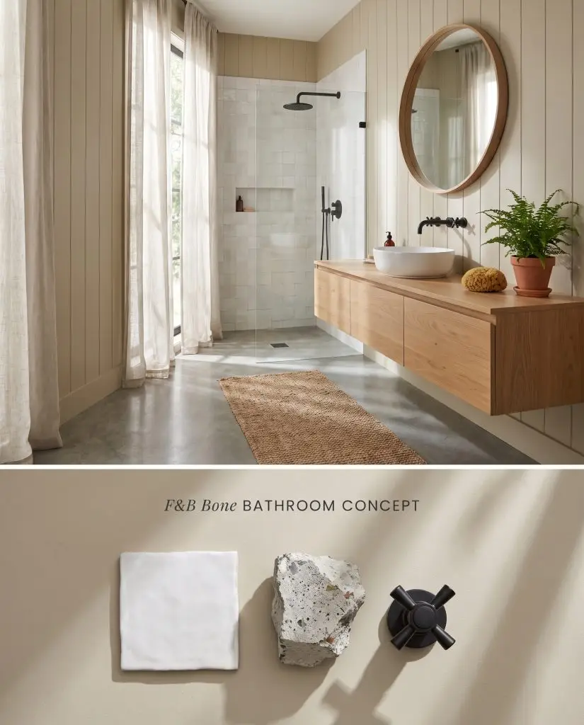 A split visualization tool presenting an organic modern bathroom with vertical shiplap above, and physical white Zellige tile and raw concrete below.