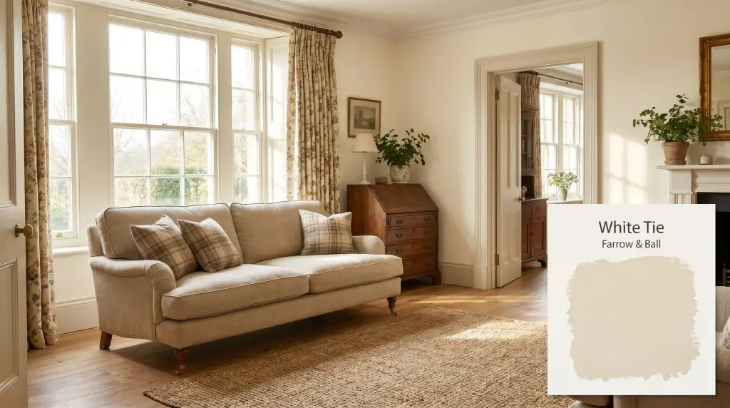 Morning sunlight washes over natural oak flooring and a linen sofa in this English country living room painted in White Tie (Hex #efe9d8).