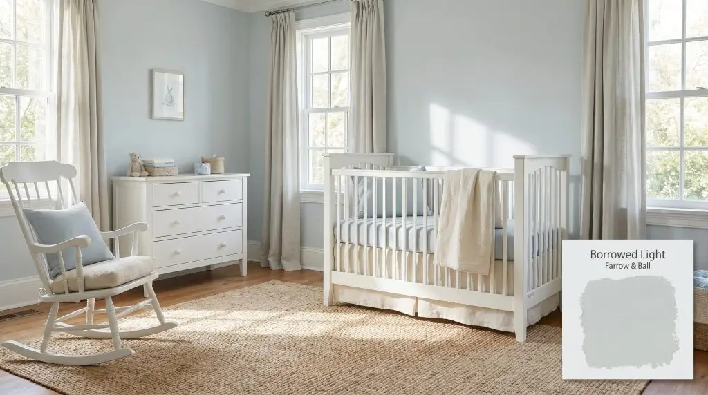 White painted wood furniture and a woven natural rug sit gracefully in a sunlit nursery featuring walls in Borrowed Light (Hex #d1dadb).