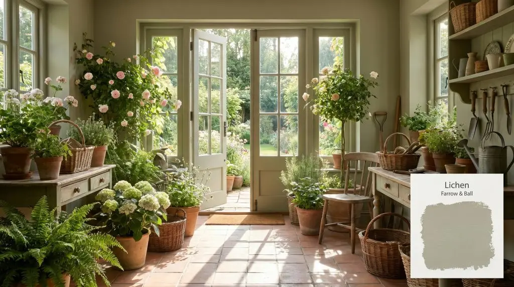 Large French doors, terracotta floor tiles, and lush potted plants fill a bright garden room featuring Lichen No. 19 (Hex #9c9f89) walls.