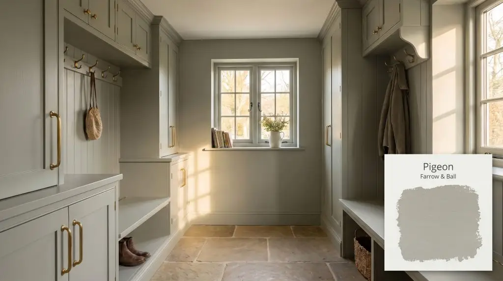 Built-in cabinetry and natural flagstone flooring complement walls painted in Farrow & Ball Pigeon (Hex #9a9f94) under soft morning light.