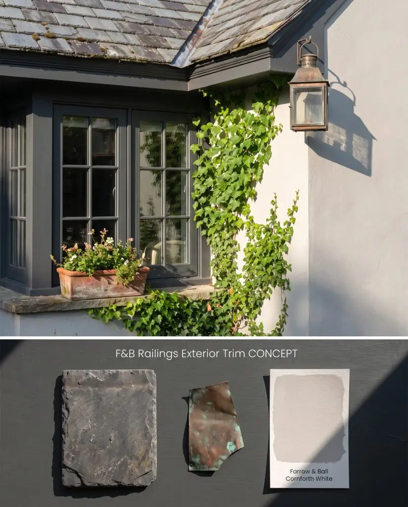 A split digital board illustrating dark charcoal exterior window trim contrasting with light stucco above a physical exterior materials layout.