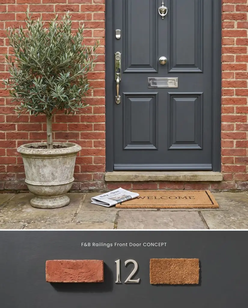 A split digital conceptual layout featuring a classic paneled front door painted in a soft black above a physical materials flat-lay.