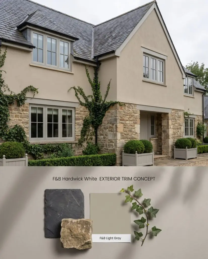 A digital exterior board displaying rendered window frames and fascias above a textured flat-lay of dark roofing slate and weathered stone.