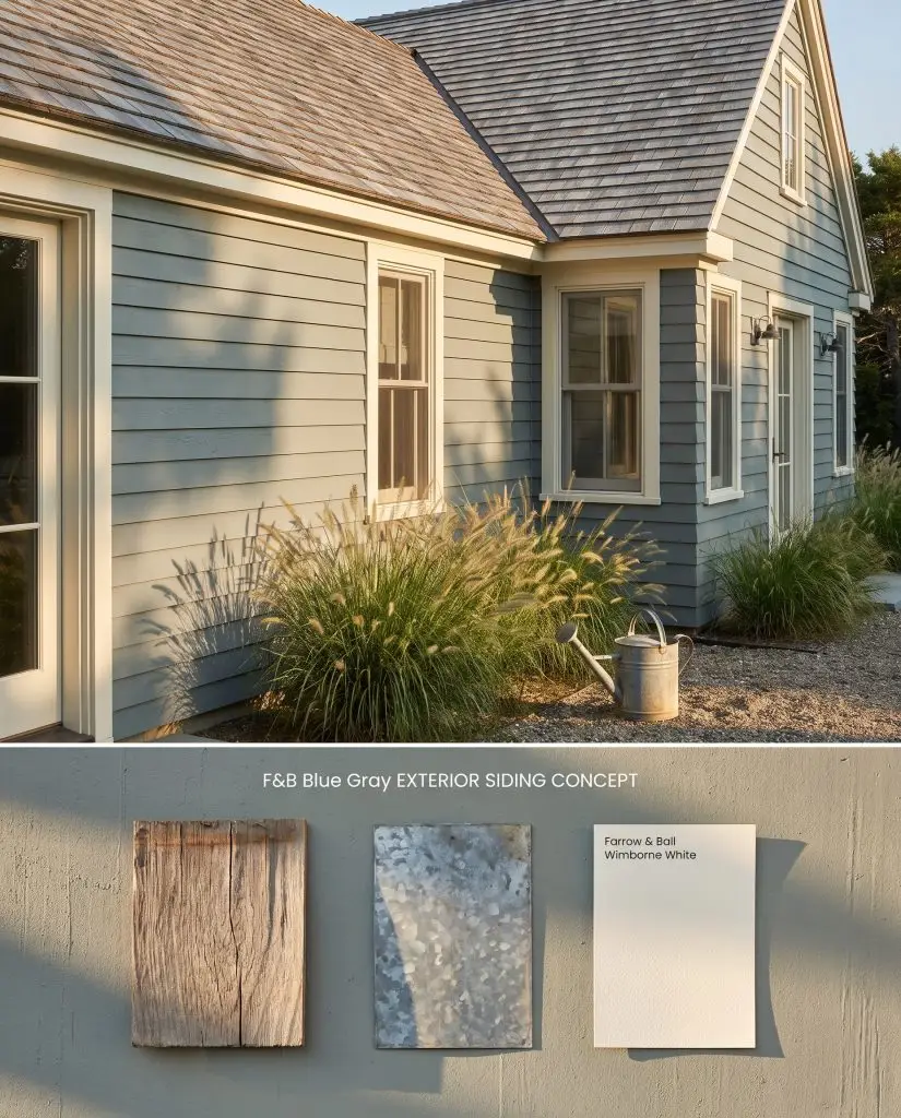 A composite digital board featuring grey-green exterior wood siding on the upper half, resting over weathered cedar shingle and galvanized metal elements.