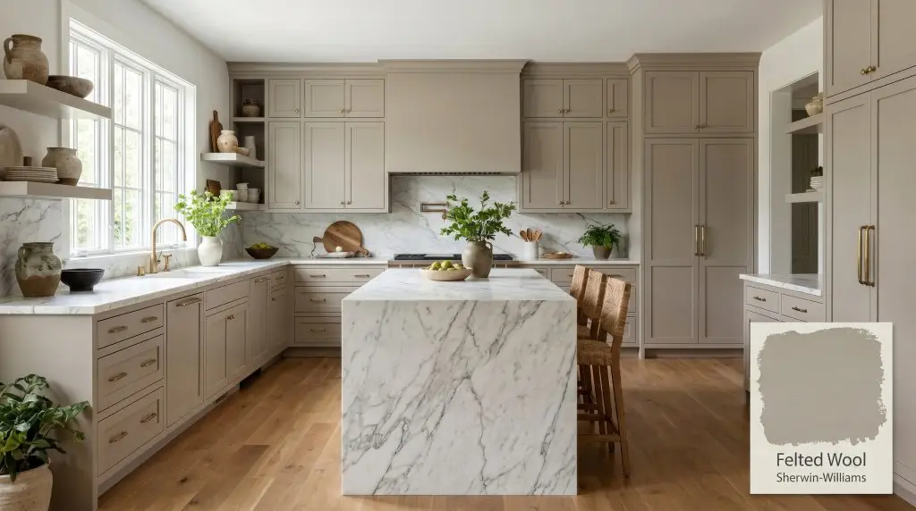 White marble countertops and brass hardware accent modern kitchen cabinets painted in Sherwin-Williams Felted Wool (Hex #979083) under bright natural daylight.
