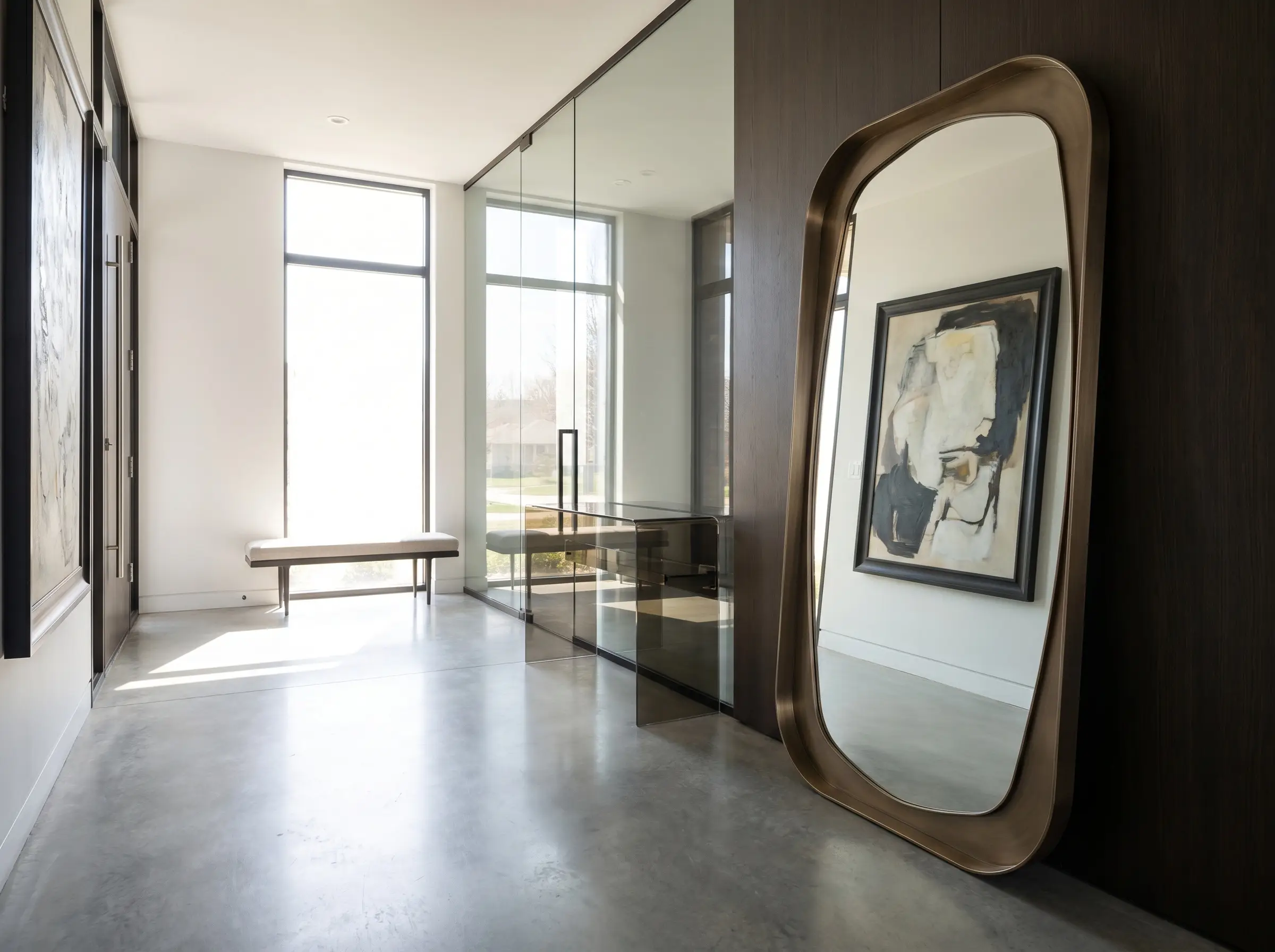 An asymmetrical bronze-tinted oversized floor mirror leans against a side wall reflecting framed art, enhancing spatial flow and natural light in a modern foyer.