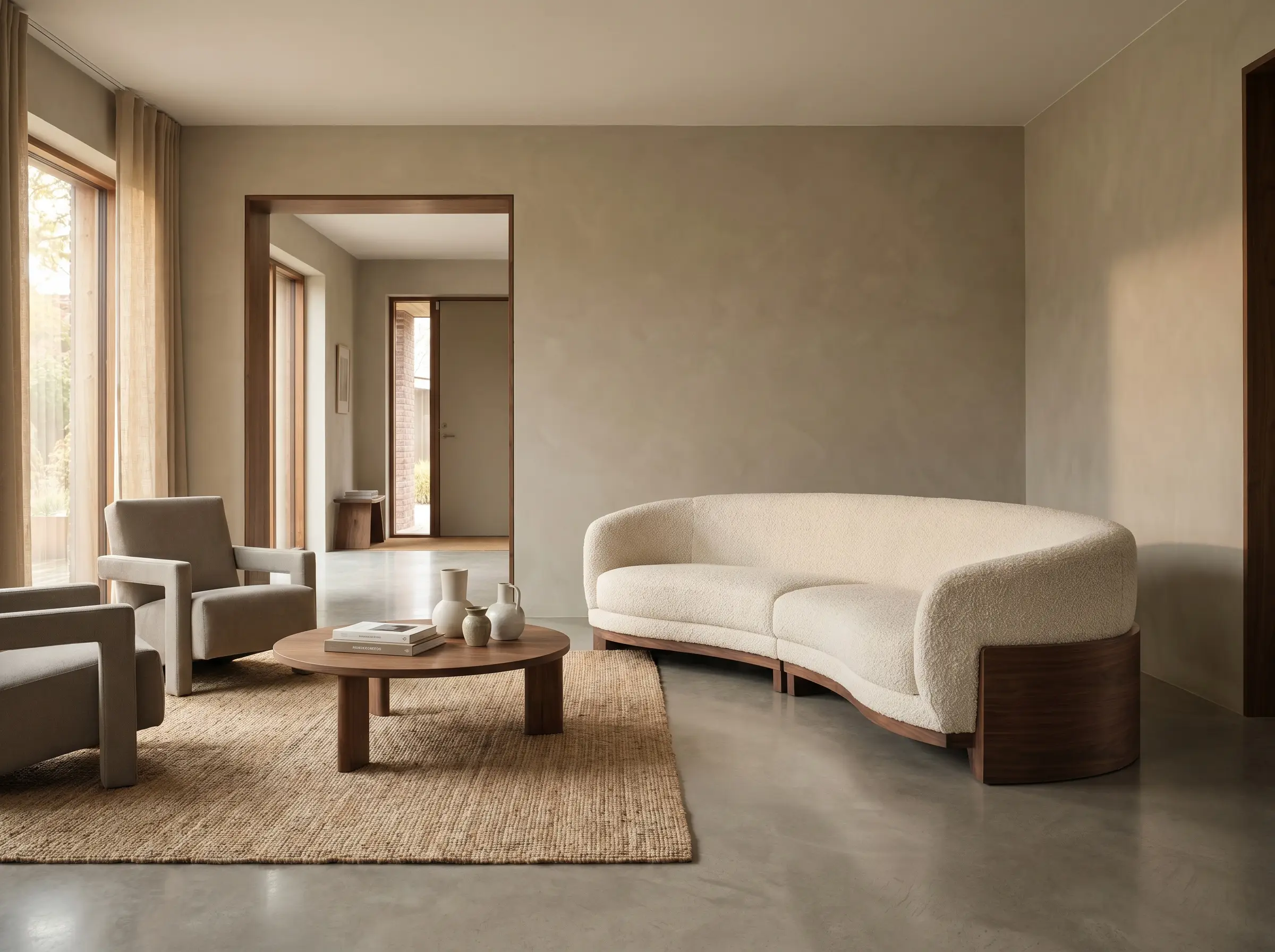 A curved bouclé sofa with solid walnut framing establishes the commanding position against a Farrow and Ball Drop Cloth wall in this Feng Shui home decorating layout.