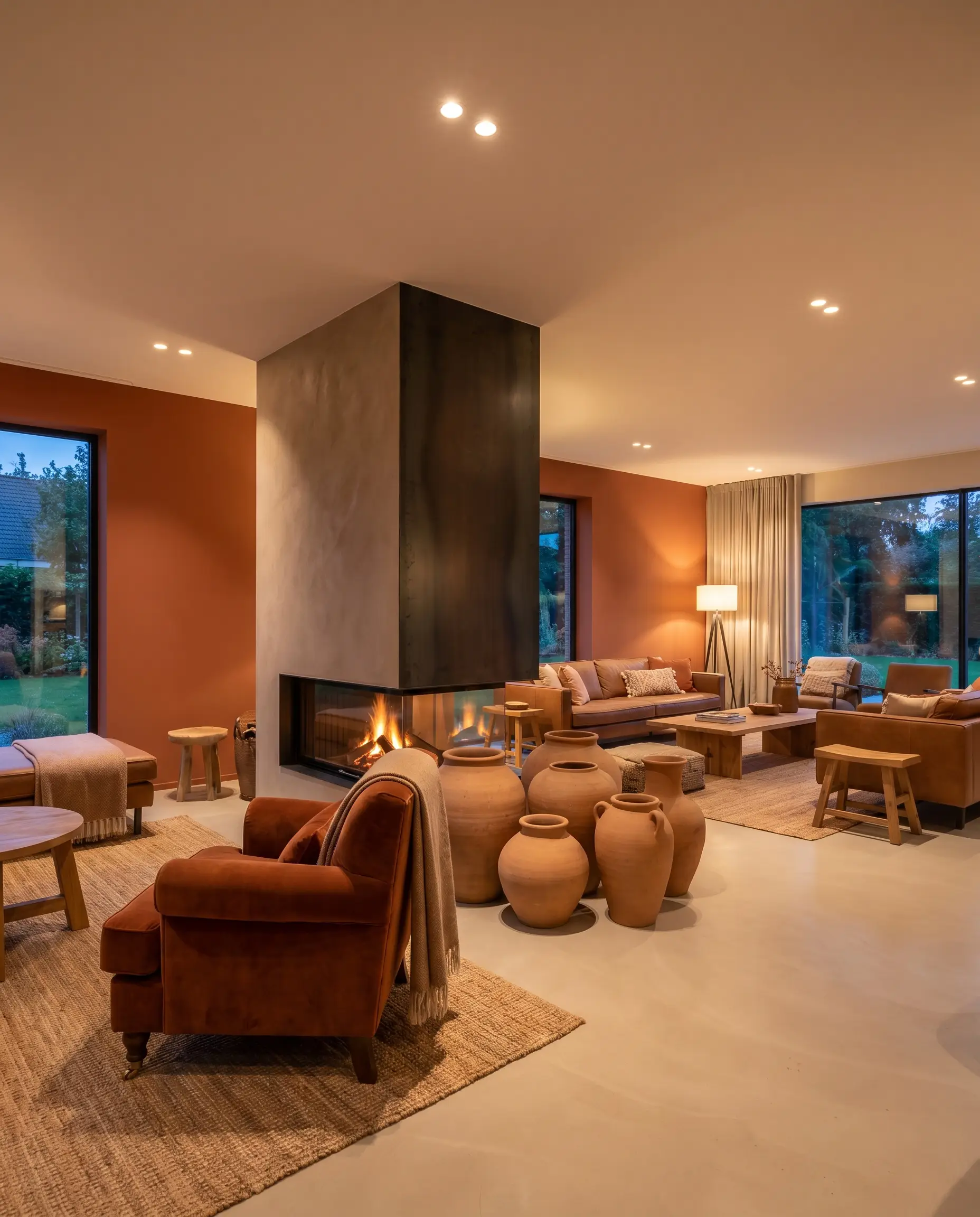 A modern statement fireplace surrounded by raw terracotta vessels and a rust-colored velvet chair stands against Benjamin Moore Audubon Russet walls, embodying the five elements.